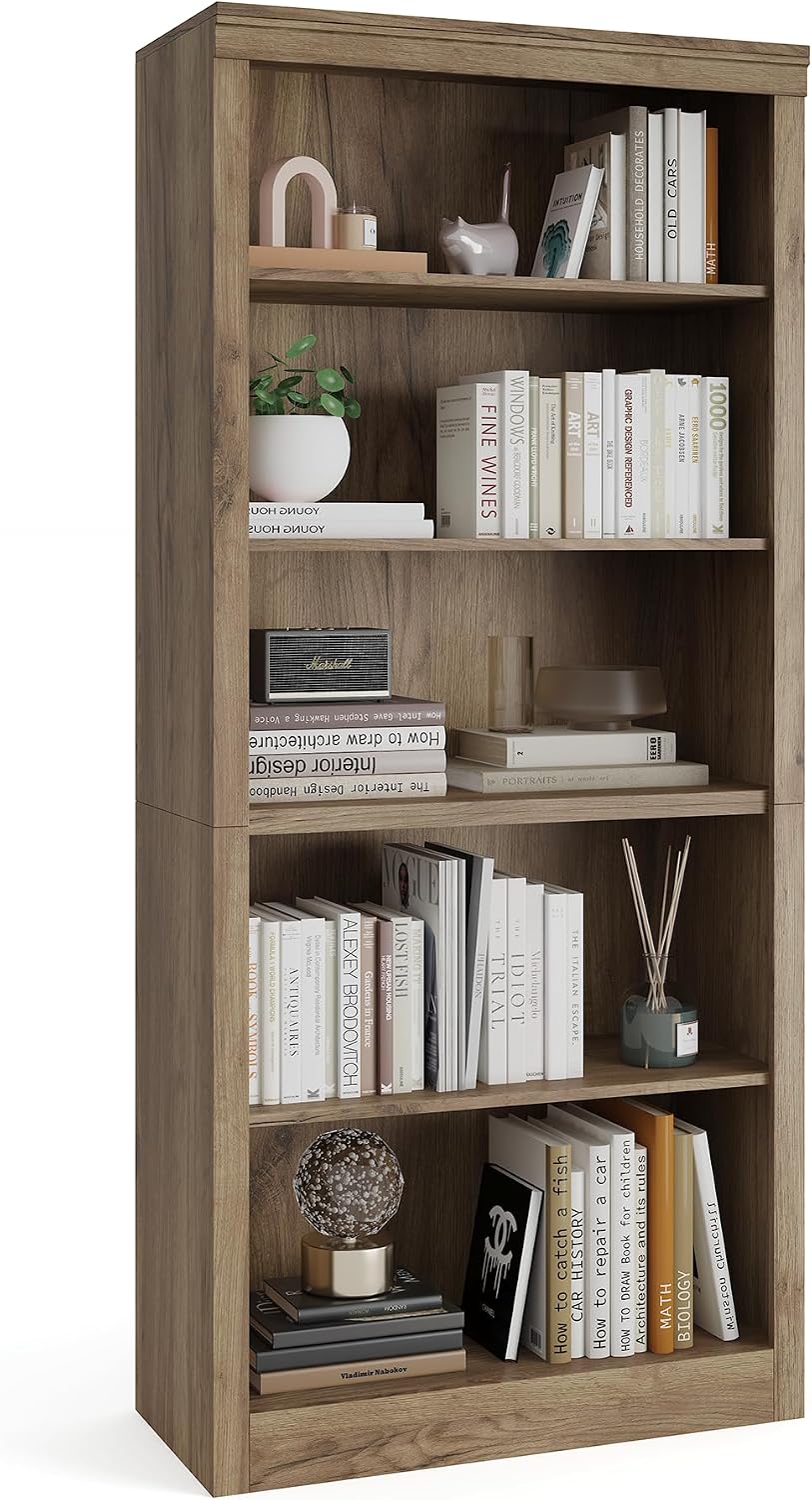 Garvee 71 in Tall Bookshelf, 5-Tiers Bookcase and Bookshelf, Wooden Open Storage Shelves with Anti-Tip Design, White Book Shelf for Bedroom, Living Room and Office, Brown