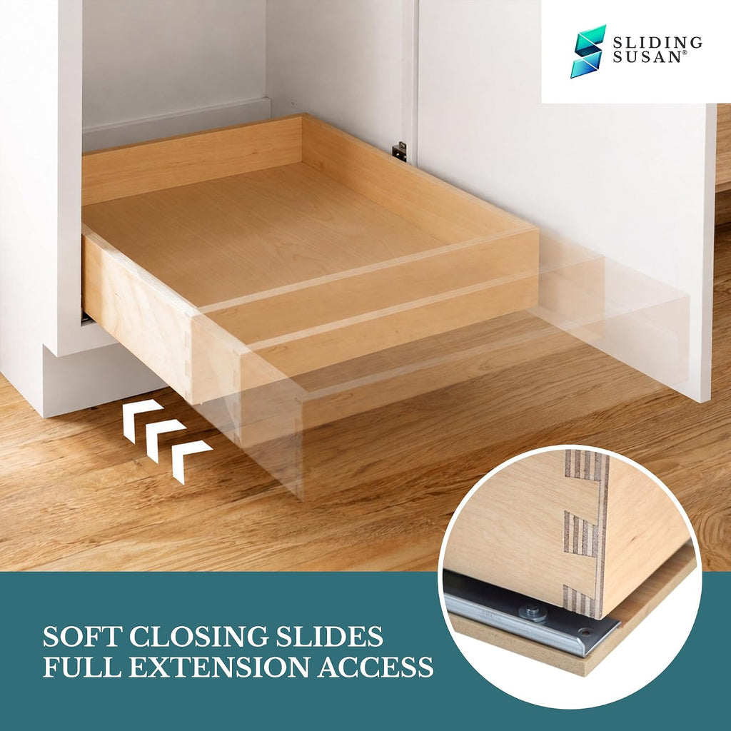 SlidingSusan 9 Ply Baltic Birch Pull Out Cabinet Drawer Organizer 12 Inch Wide x 18 Inch Deep Soft Close Sliding Shelf for Kitchen Cabinets, Pantry & Storage Areas, Heavy Duty Wooden Pullout Inserts