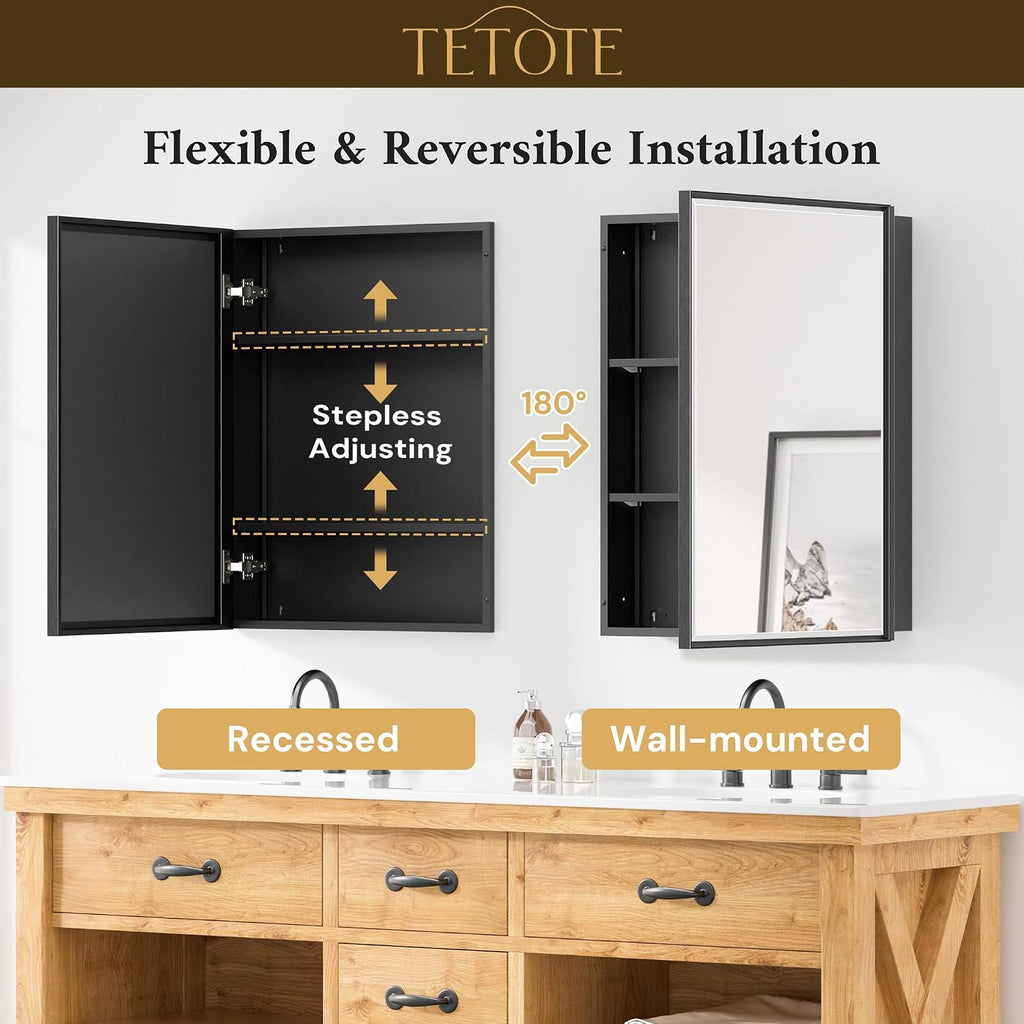 TETOTE 20' x 26' Medicine Cabinet Storage with Mirror Black Bathroom Medicine Cabinet with Beveled Aluminum Frame Surface Wall-Mounted or Recessed, Shelves Adjustable