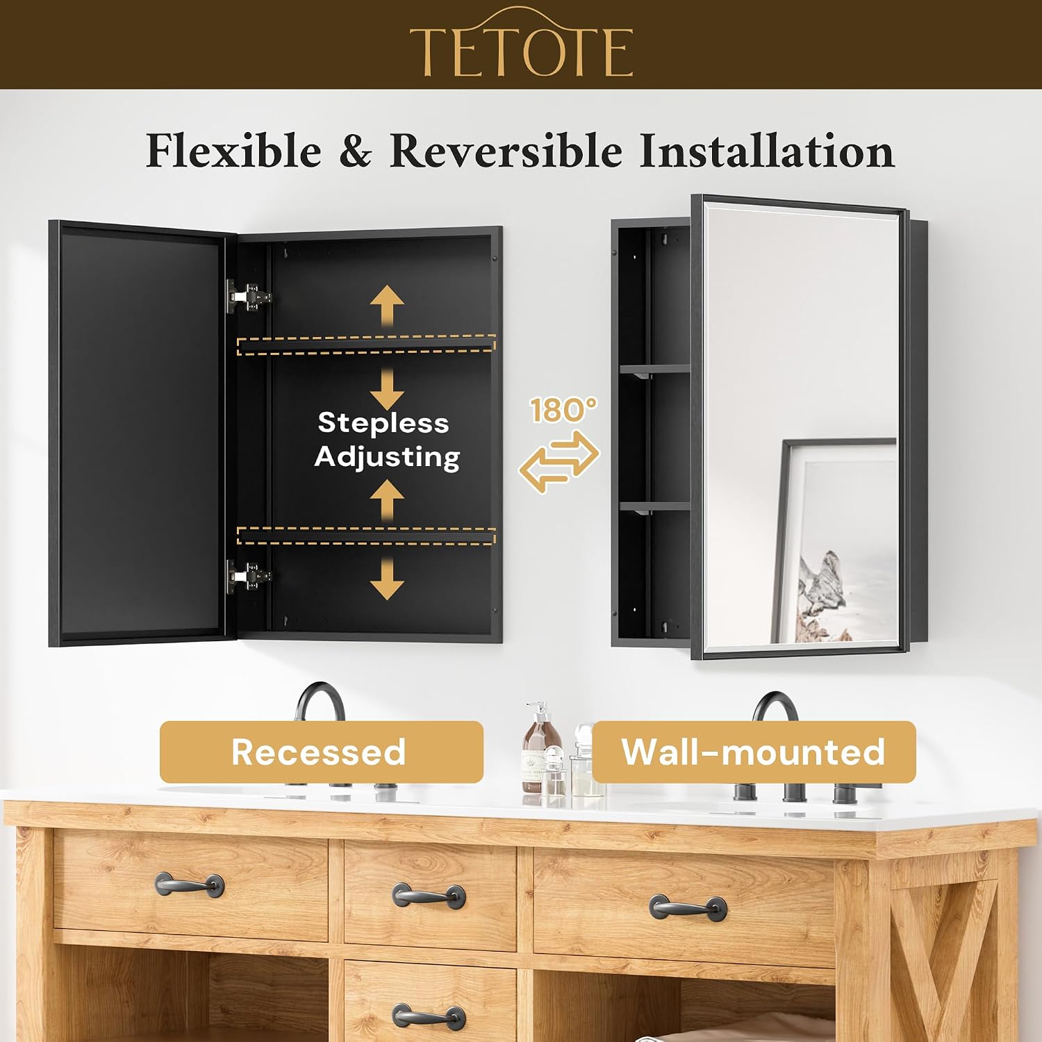 TETOTE 20' x 26' Medicine Cabinet Storage with Mirror Black Bathroom Medicine Cabinet with Beveled Aluminum Frame Surface Wall-Mounted or Recessed, Shelves Adjustable