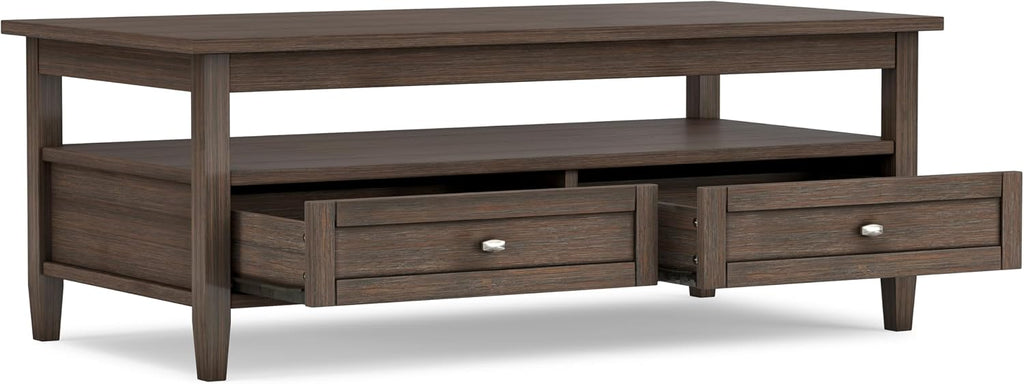 SIMPLIHOME Warm Shaker Coffee Table - 48 inch Wide Solid Wood Coffee Table in Farmhouse Brown, Transitional Living Room Table with 2 Drawers, Open Shelf, Shaker Fronts and Tapered Legs