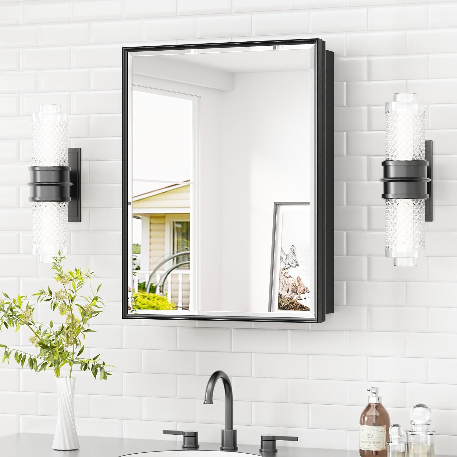 TETOTE 20' x 26' Medicine Cabinet Storage with Mirror Black Bathroom Medicine Cabinet with Beveled Aluminum Frame Surface Wall-Mounted or Recessed, Shelves Adjustable