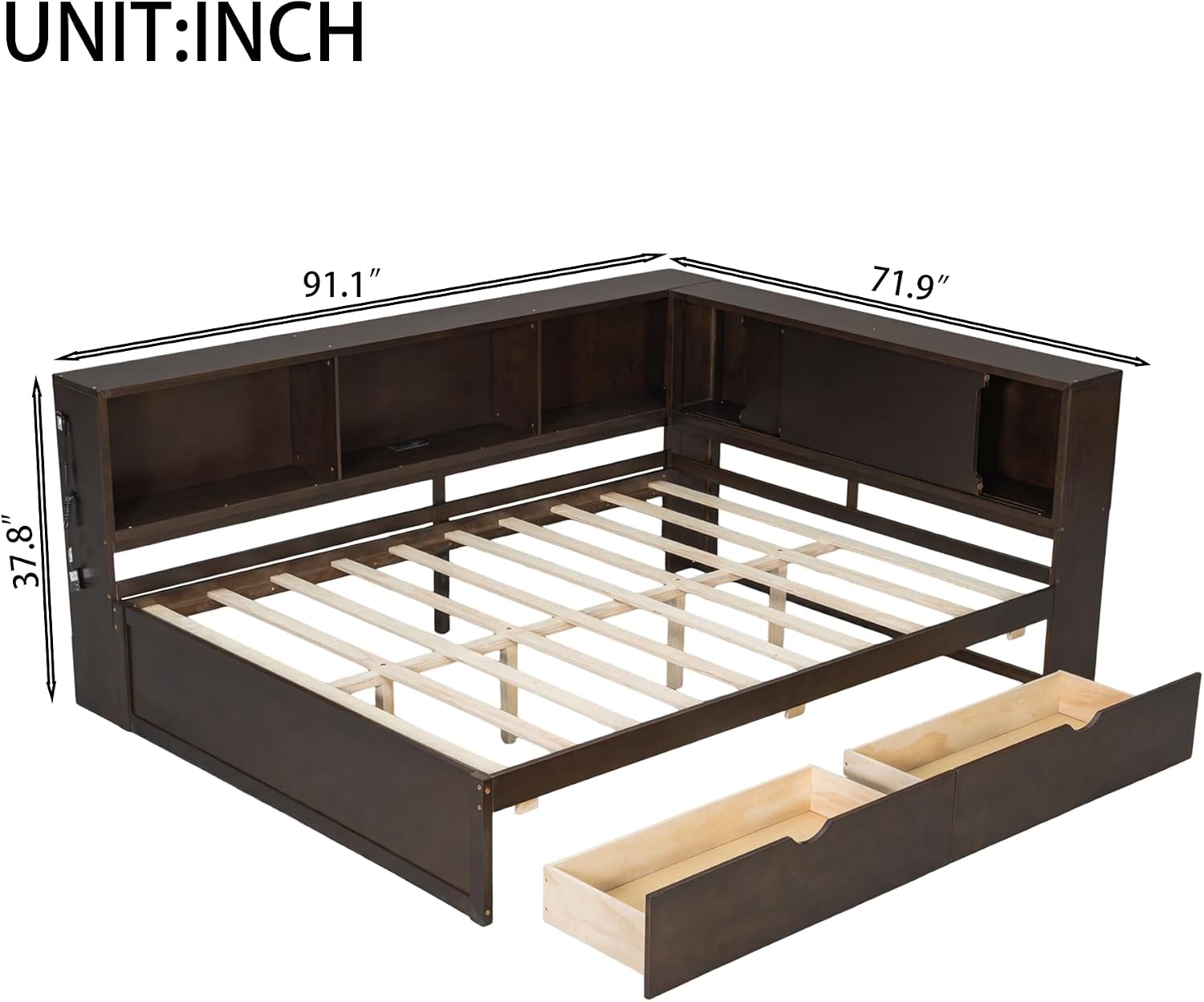 RuiSiSi Queen Size Daybed with L-Shape Bookshelf, Wood Corner Storage Bed Frame with Drawers and LED, Brown