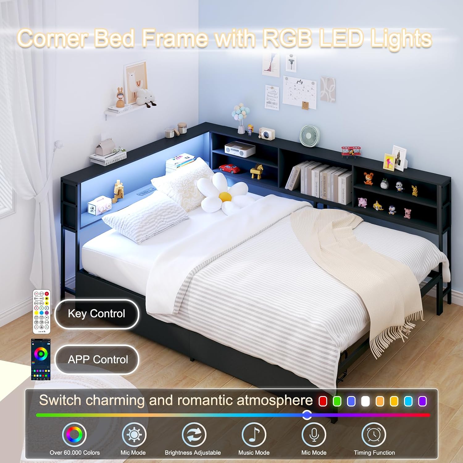 Ball & Cast Full Size Daybed with Bookcase Storage and Charging Station,Corner Bed Frame W/Storage Drawers,Full Metal Daybed W/LED Lights,Bedroom Furniture for Apartment,Guest Room,Living Room,Black