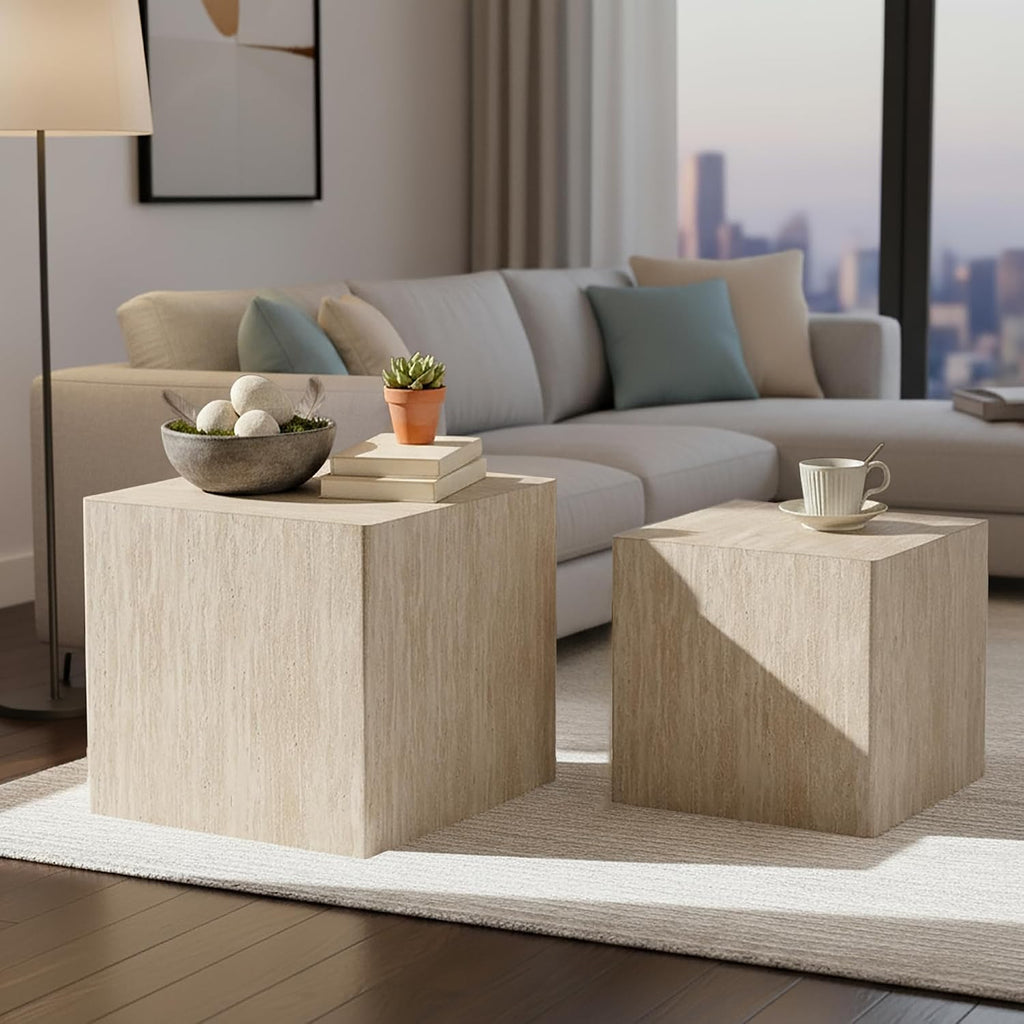 Square Nesting Tables for Living Room, Set of 2, Wood Travertine Veneer Nesting Coffee Table Mid Century Modern Small Accent Center End and Side Table Sets for Farmhouse Apartment Office