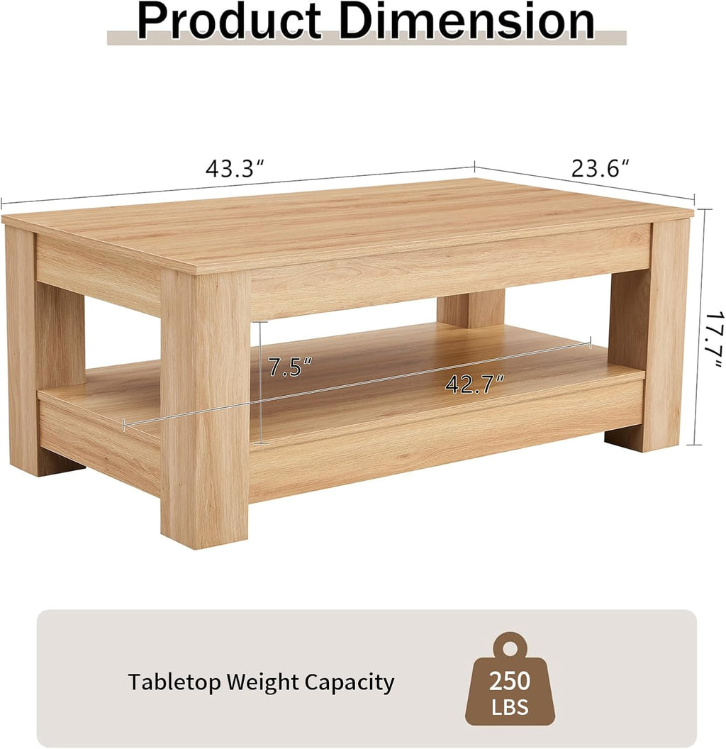 LKTART 43.3' Coffee Table with Storage, 2-Tier Mid Century Rectangular Accent Table with Thick Tabletop, Rustic Style Cocktail, Center Table for Living Room, Office, Apartment (Natural Wood)