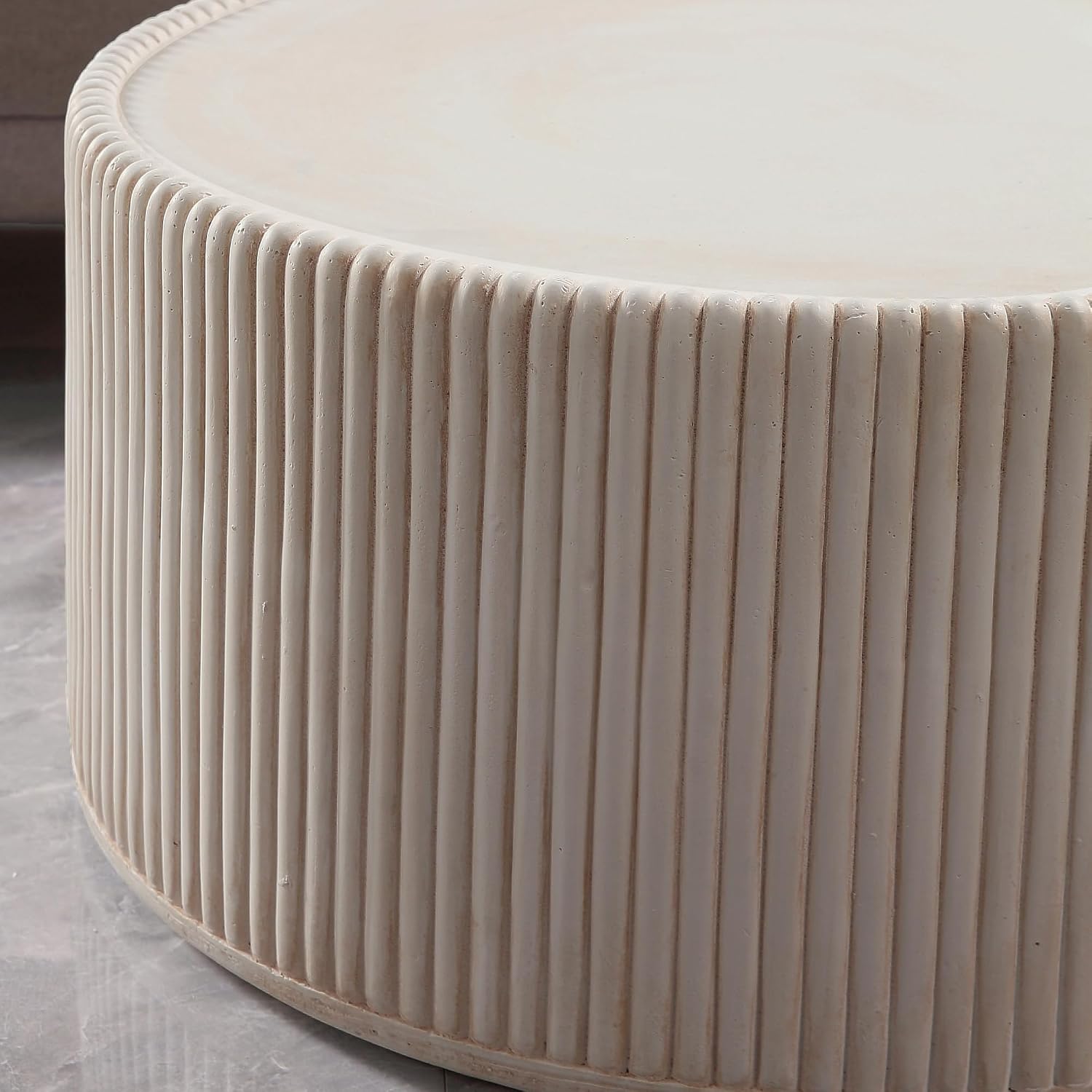 Off-White MGO Round Coffee Table for Indoors and Outdoors, 29.53' Mid-Century Modern Magnesium Oxide Fluted Drum Coffee Table, Circle Cocktail Tea Table for Living Room, No Assemble