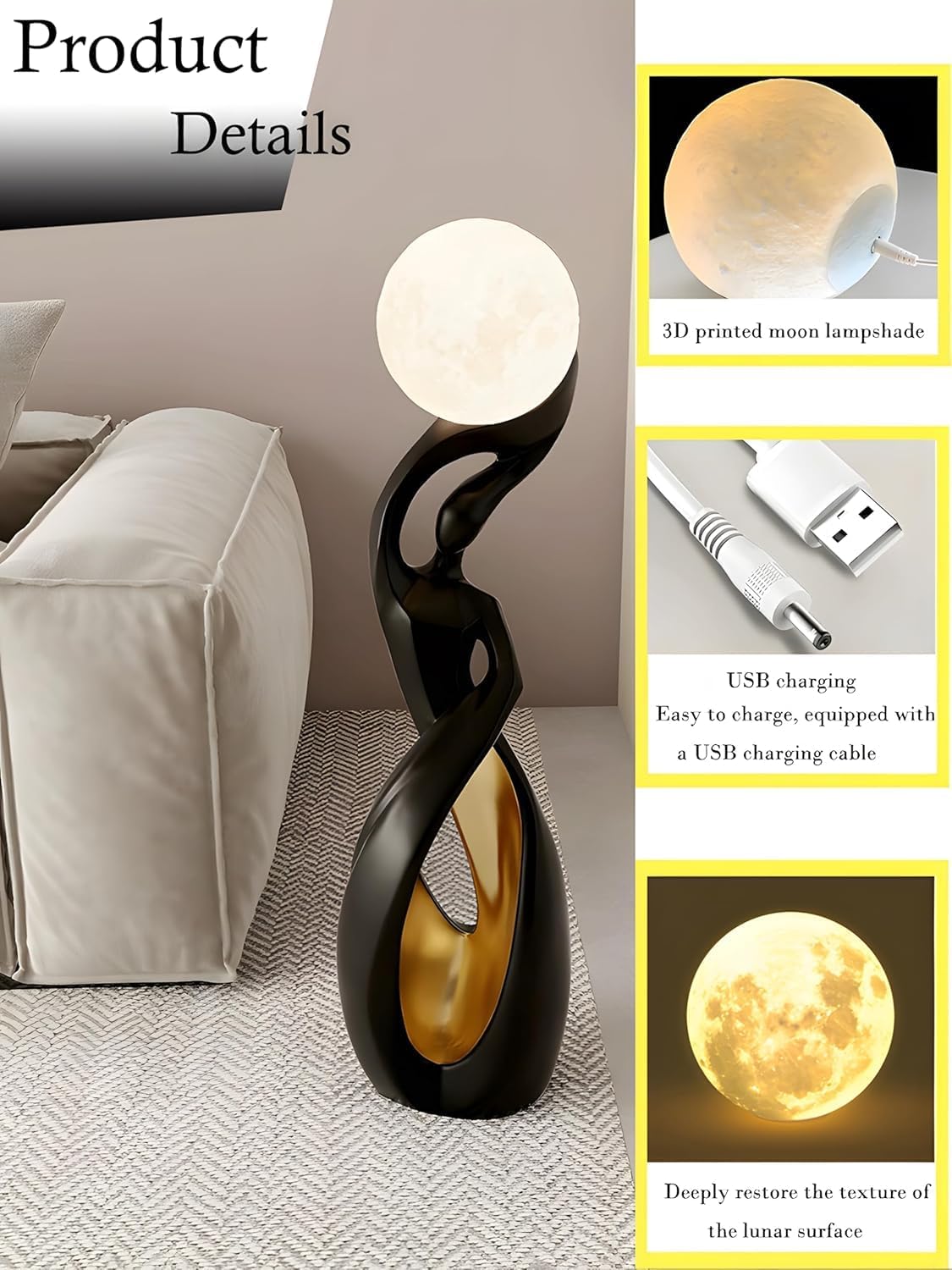 Modern Black and Gold Floor Lamp,Art Unique Corner Standing Light | Decorative Rechargeable Moon Tall Lamp Or Resin Creative Stylish Decor Lamps for LivingRoom,BedRoom