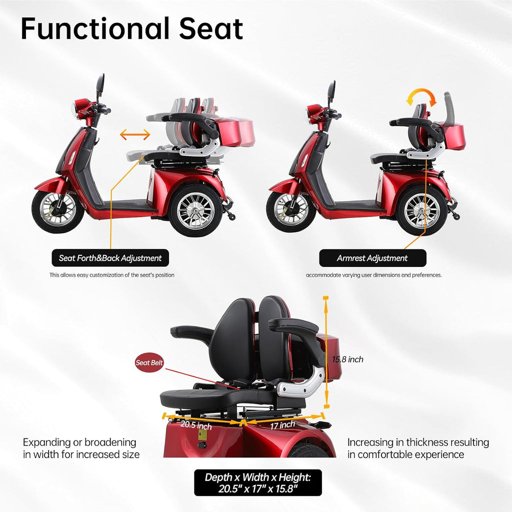 Heavy Duty Mobility Scooters for Seniors & Adults, Electric 3 Wheel Scooter for All Terrain, 800W Powered Disability Scooters for Outdoor Travel with Full Set Lights (Red)
