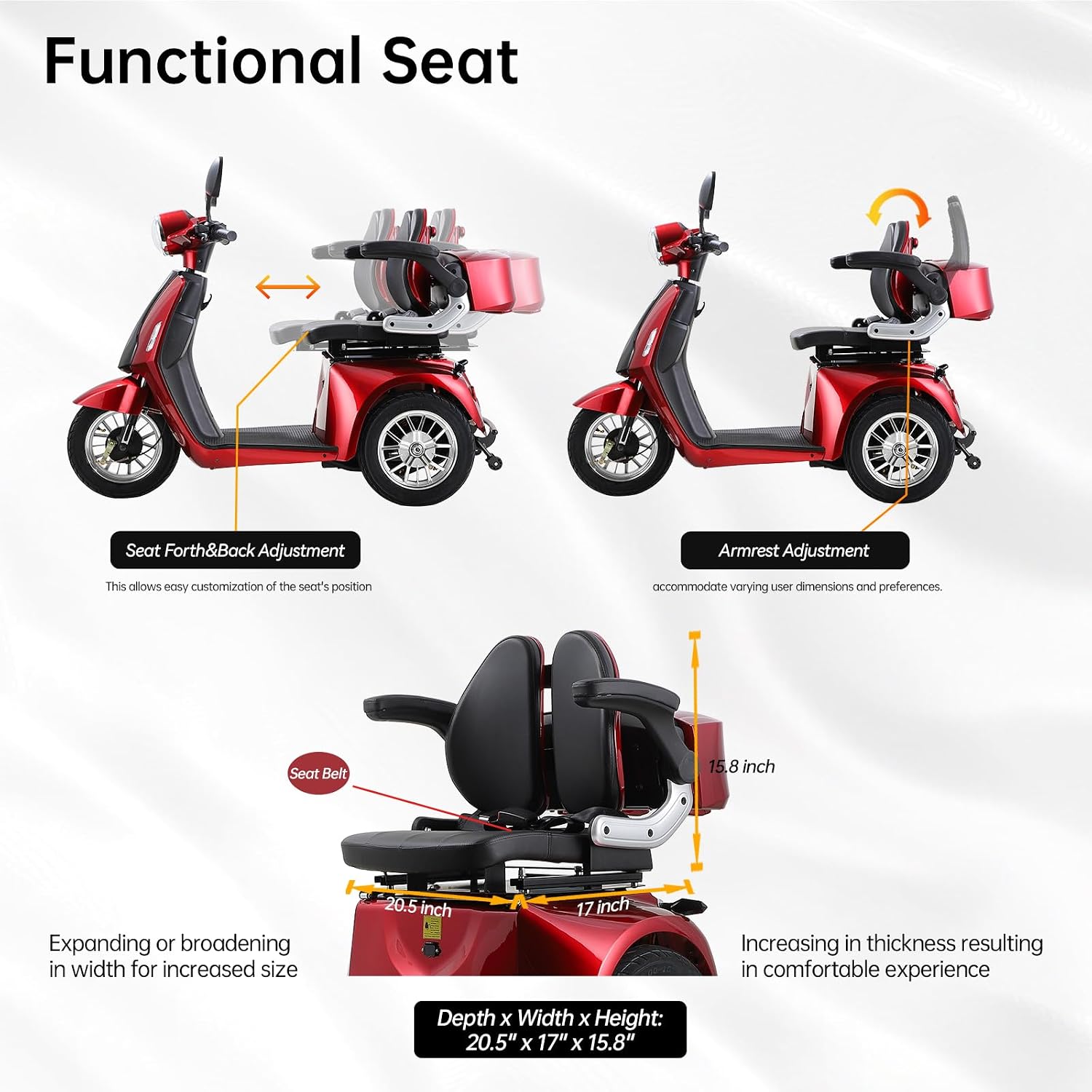 Heavy Duty Mobility Scooters for Seniors & Adults, Electric 3 Wheel Scooter for All Terrain, 800W Powered Disability Scooters for Outdoor Travel with Full Set Lights (Red)