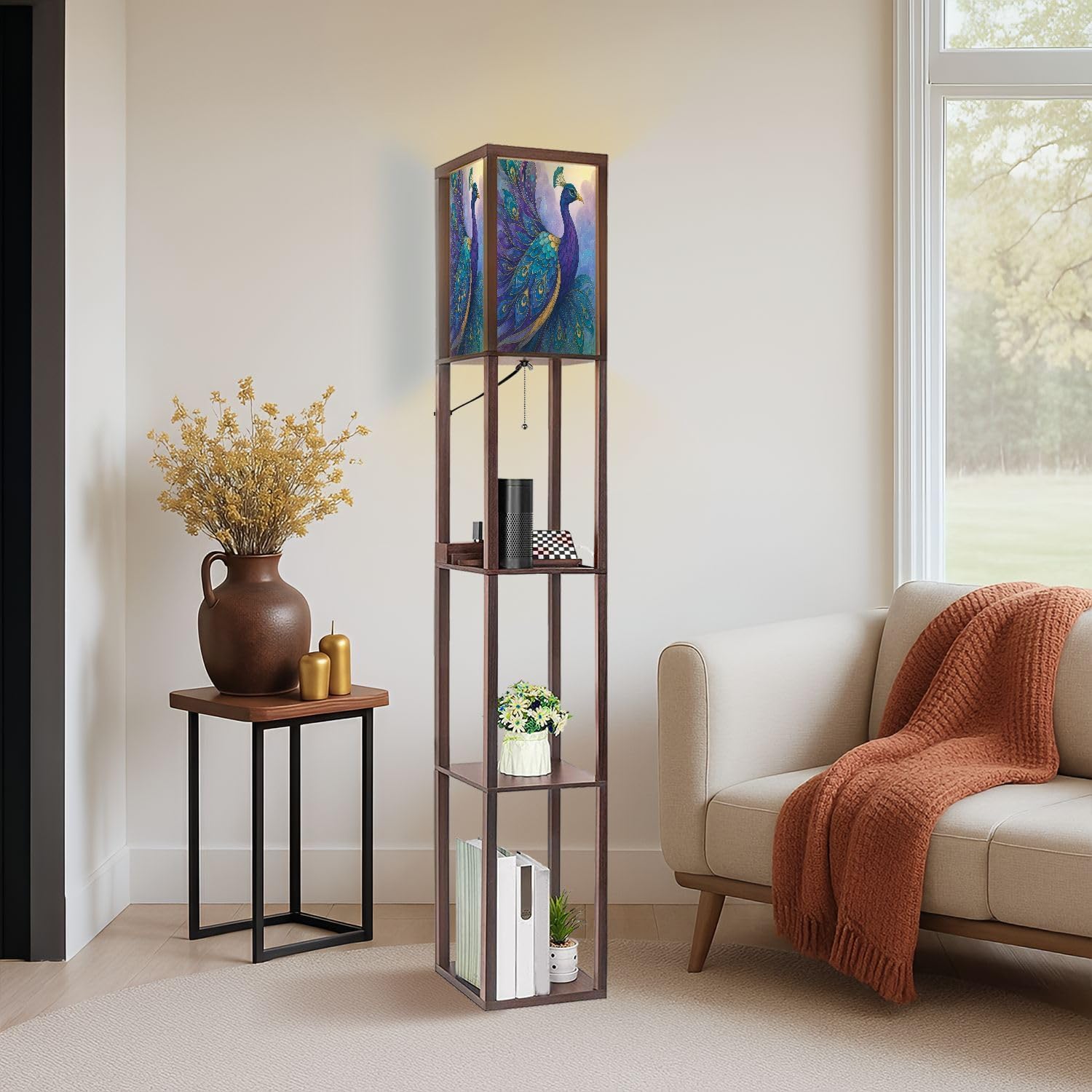 Floor Lamp with Shelves Modern Stained Glass Peacock Art Teal Gold Feathers Standing Tall Lamp USB Ports & Power Outlet Modern Corner Lamp Nightstand Light for Living Room Bedroom