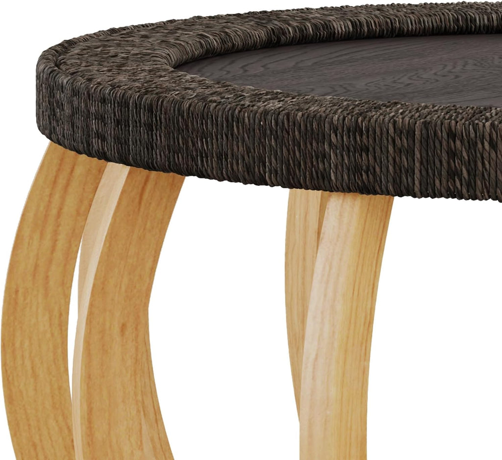 JIJIWANG 35.43' Rattan Round Coffee Table with Solid Wood Top, Vintage Accent Table with Curved Legs, Boho Side Tables for Dining Room, Kitchen, Living Room, Black Brown