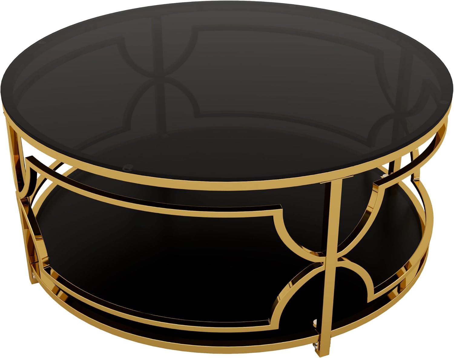 Merax 30.7' Round Tempered Glass Coffee Table, Luxurious Gold Geometric Metal Frame Side Table with Lower Storage Shelf, Modern Accent End Tables for Living Room, Bedroom, Apartment, Office, Black