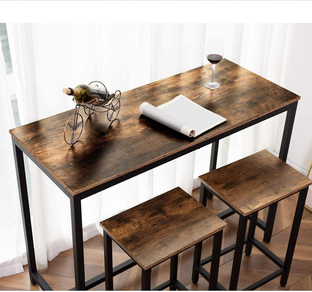 HOOBRO Bar Table and Chairs Set, 47.2' Rectangular Pub Table with 2 Stools for Small Space, High Top Table, 3-Piece Breakfast stools Set, Sturdy Metal Frame, Easy to Assemble, Rustic Brown BF52BT01