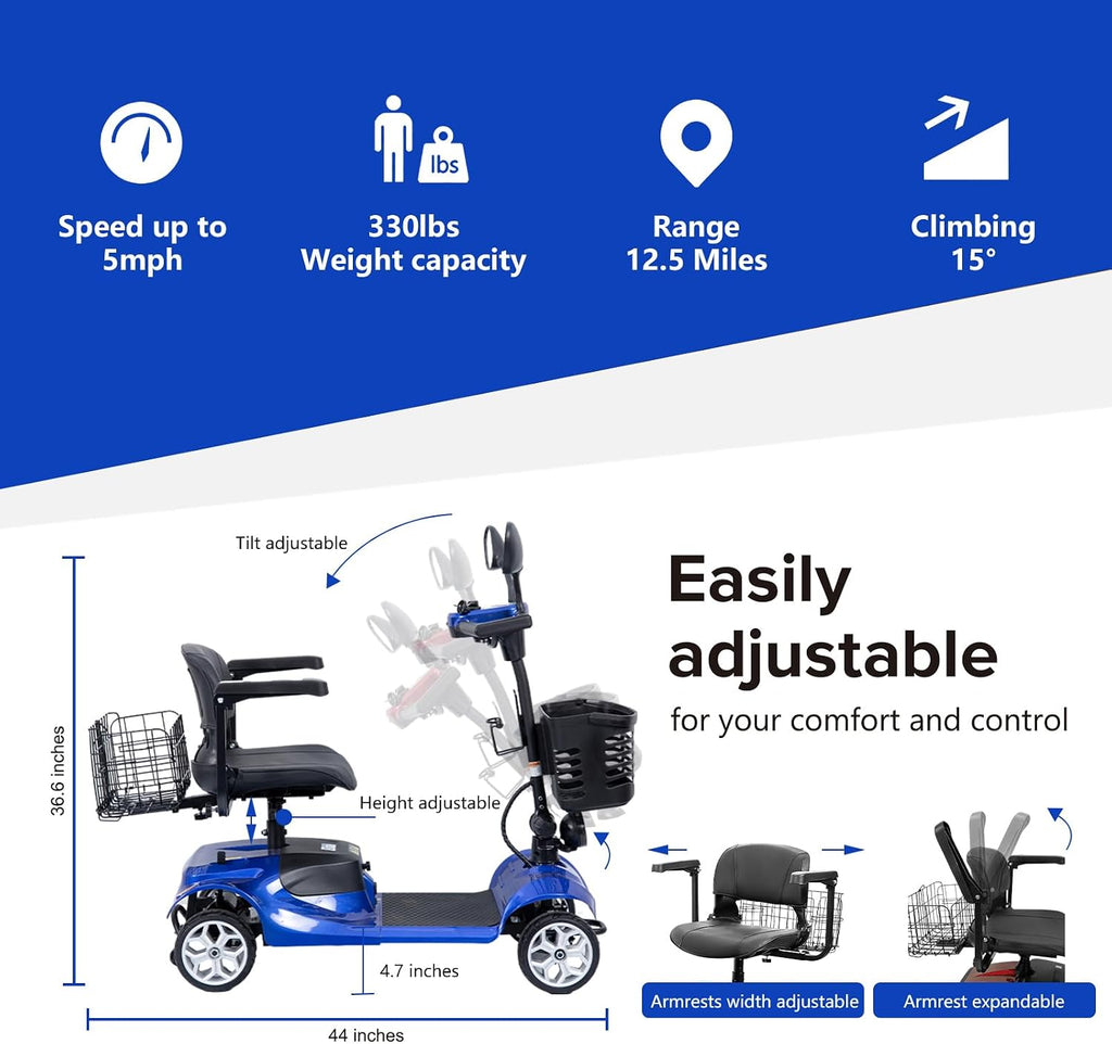 4 Wheel Electric Power Mobility Scooter for Adults, Electric Scooter for Seniors Folding Mobility Scooter -Max Speed 5 Mph,12.5 Miles Long Travel Range