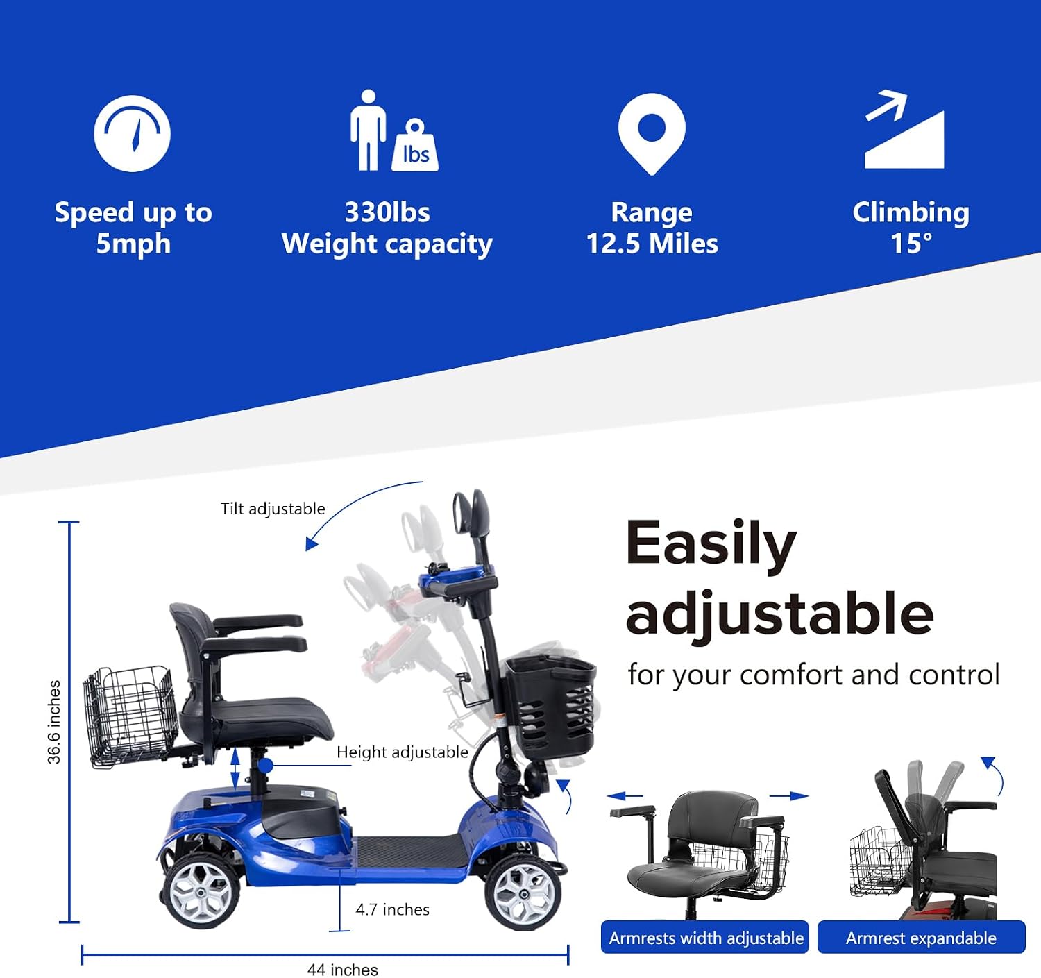 4 Wheel Electric Power Mobility Scooter for Adults, Electric Scooter for Seniors Folding Mobility Scooter -Max Speed 5 Mph,12.5 Miles Long Travel Range