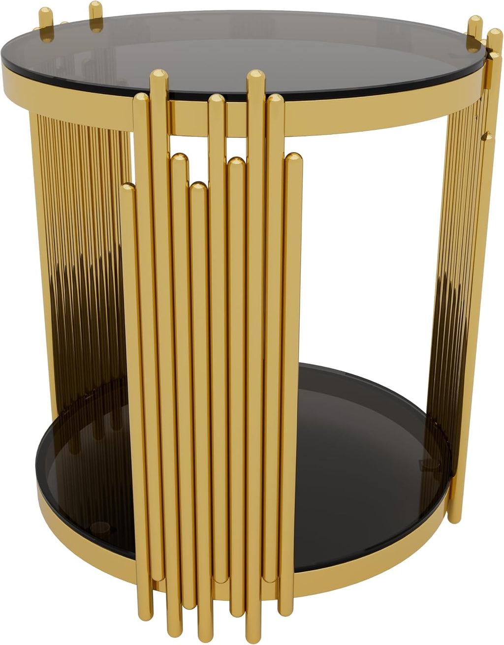 Merax Round Table Set of 3, with 1 Coffee Table & 2 End Tables, Black Mirror, Asymmetrical Metal, Gold Finish & Lower Shelf, for Living Room Apartment, Black