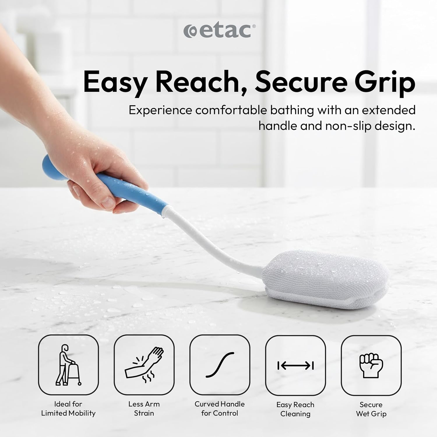 Etac Beauty Back Washer – Ergonomic Bath & Shower Washing Aid with Lightweight, Non-Slip Handle and Replaceable Washcloths for Easy Back Cleaning