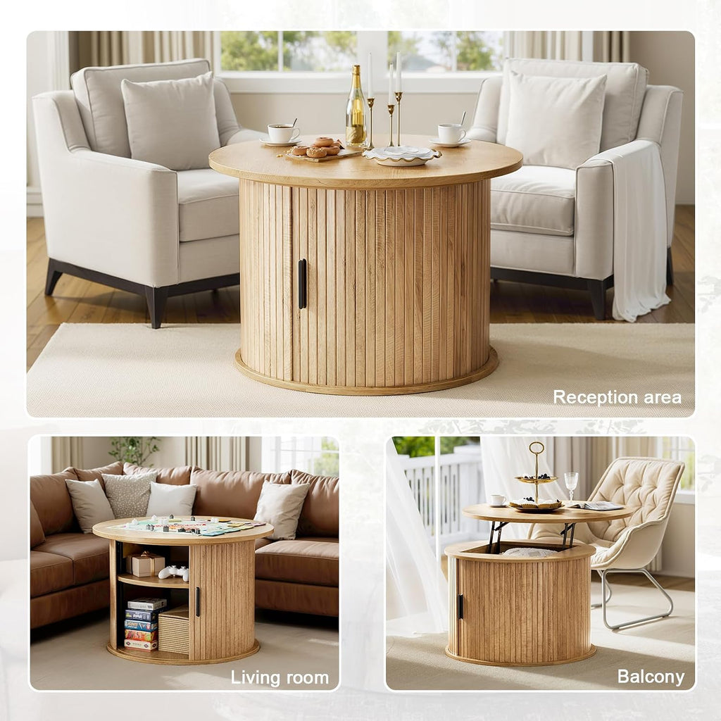 FABATO Round Lift Top Coffee Table, Fluted Wood Accent Coffee Table with Hidden Storage and Open Shelves, Drum Table with Sliding Rolling Door, Small Center Table Dining Table for Living Room, Wood
