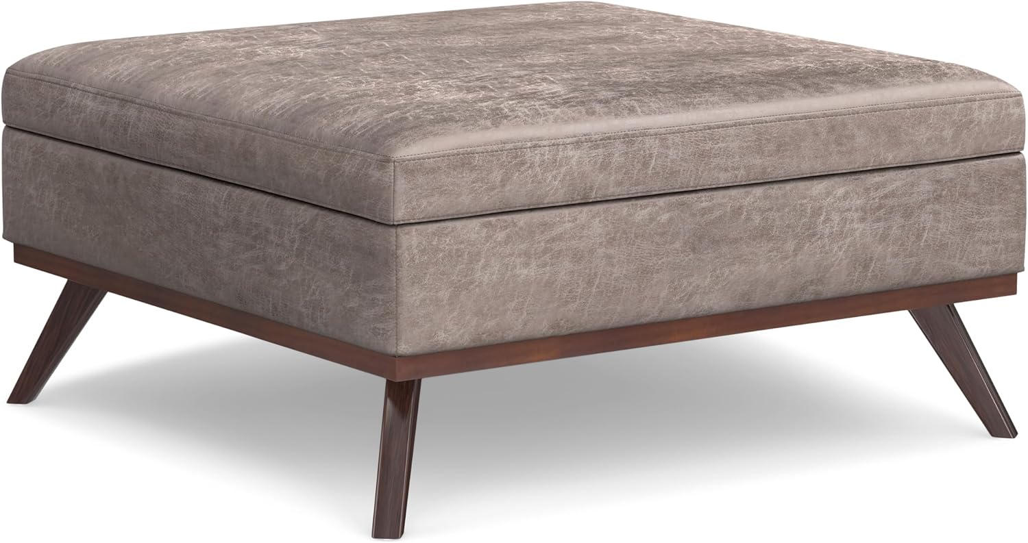 SIMPLIHOME Owen XL Square Coffee Table Storage Ottoman - 40 inch Wide Upholstered Vegan Leather Lift-Top Ottoman in Distressed Grey Taupe, Mid-Century Modern Ottoman for Living Room with Storage