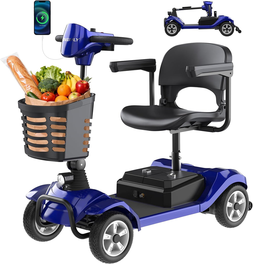Hoverfly T4 Mobility Scooter for Seniors, Max 12.4-Mile Range & 3.7 mph, 3-Position Seat & Anti-slip Rear Wheel, Removed Battery&Quick Fold Design, Solid 9' Tire&330 lb Capacity, Ease of Assembly Blue