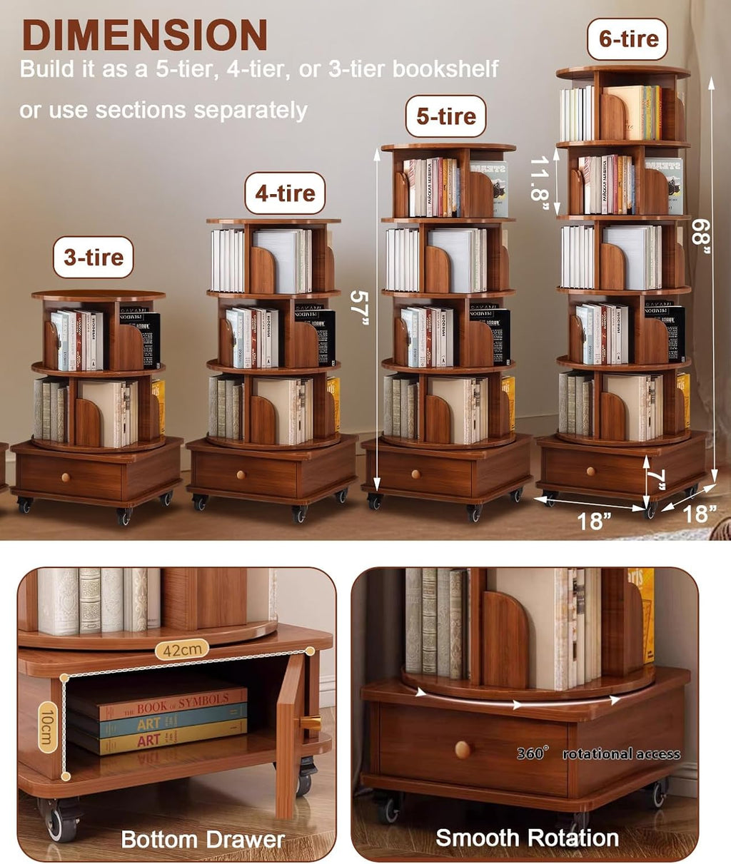 5 Tier Rotating Bookshelf with Cabinet On Wheel, 360° Display Spinning Corner Book Shelf Tower, Narrow Tall Bookshelves, Small Revolving Bookcase, Wooden Book Shelf Standing Storage Rack