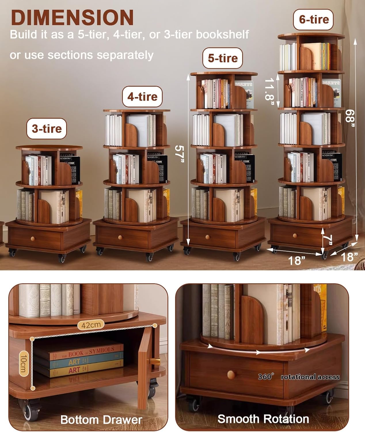 5 Tier Rotating Bookshelf with Cabinet On Wheel, 360° Display Spinning Corner Book Shelf Tower, Narrow Tall Bookshelves, Small Revolving Bookcase, Wooden Book Shelf Standing Storage Rack