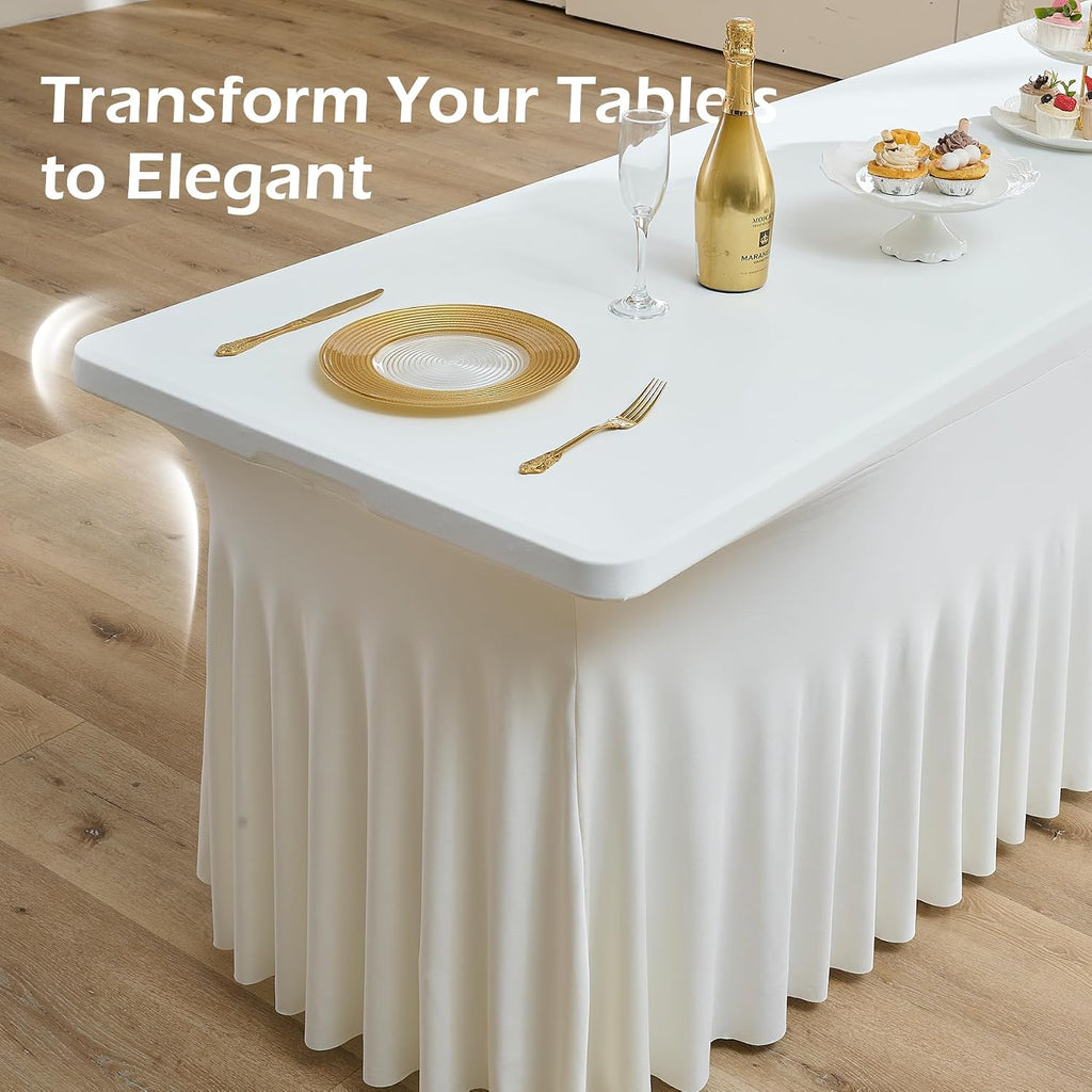 6 pk Ivory Spandex Tablecloth for 8 Foot Rectangle Tables,Wrinkle Free High Stretchy Cream Fitted Tablecloths with Ruffle Skirt, Elastic Spandex Table Covers 8 ft for Parties Weddings Banquet