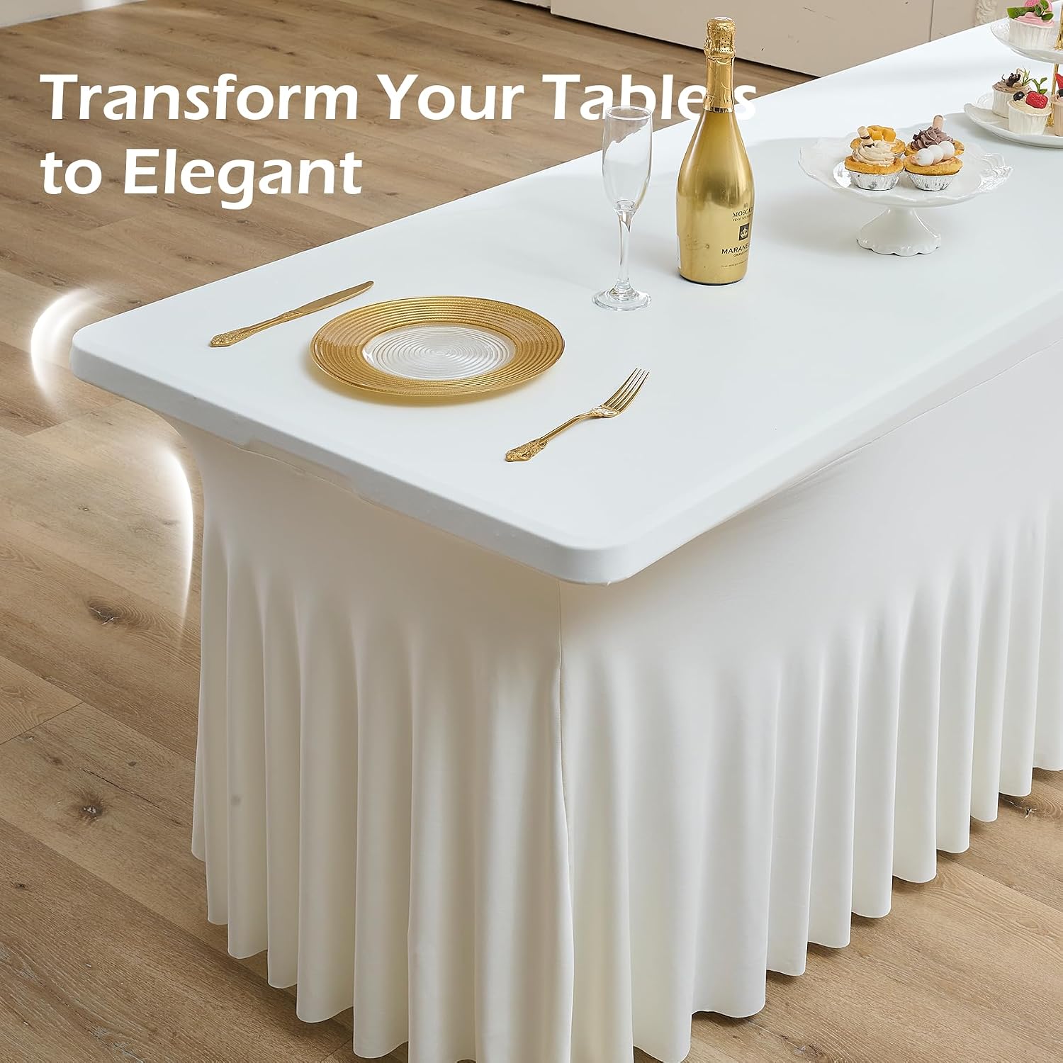 6 pk Ivory Spandex Tablecloth for 8 Foot Rectangle Tables,Wrinkle Free High Stretchy Cream Fitted Tablecloths with Ruffle Skirt, Elastic Spandex Table Covers 8 ft for Parties Weddings Banquet