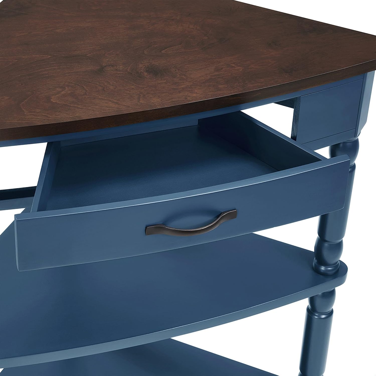 GDFStudio Trmxmbi 3 Tier Corner Console Table with 1 Storage Drawers and Shelves, 33.8'' Rustic Wood Triangle Sofa End Table for Small Spaces, Solid Wood Legs, Navy Blue and Espresso Top