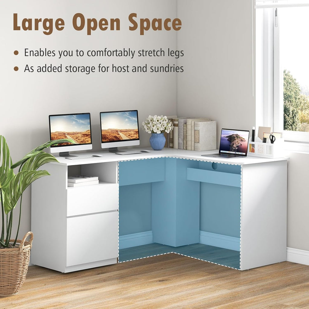 Giantex L Shaped Computer Desk with Drawers, 59' Corner Desk Workstation with Storage Shelf & Cable Holes, Large Executive Office Desk, Modern Study Writing Table for Home Office (White)