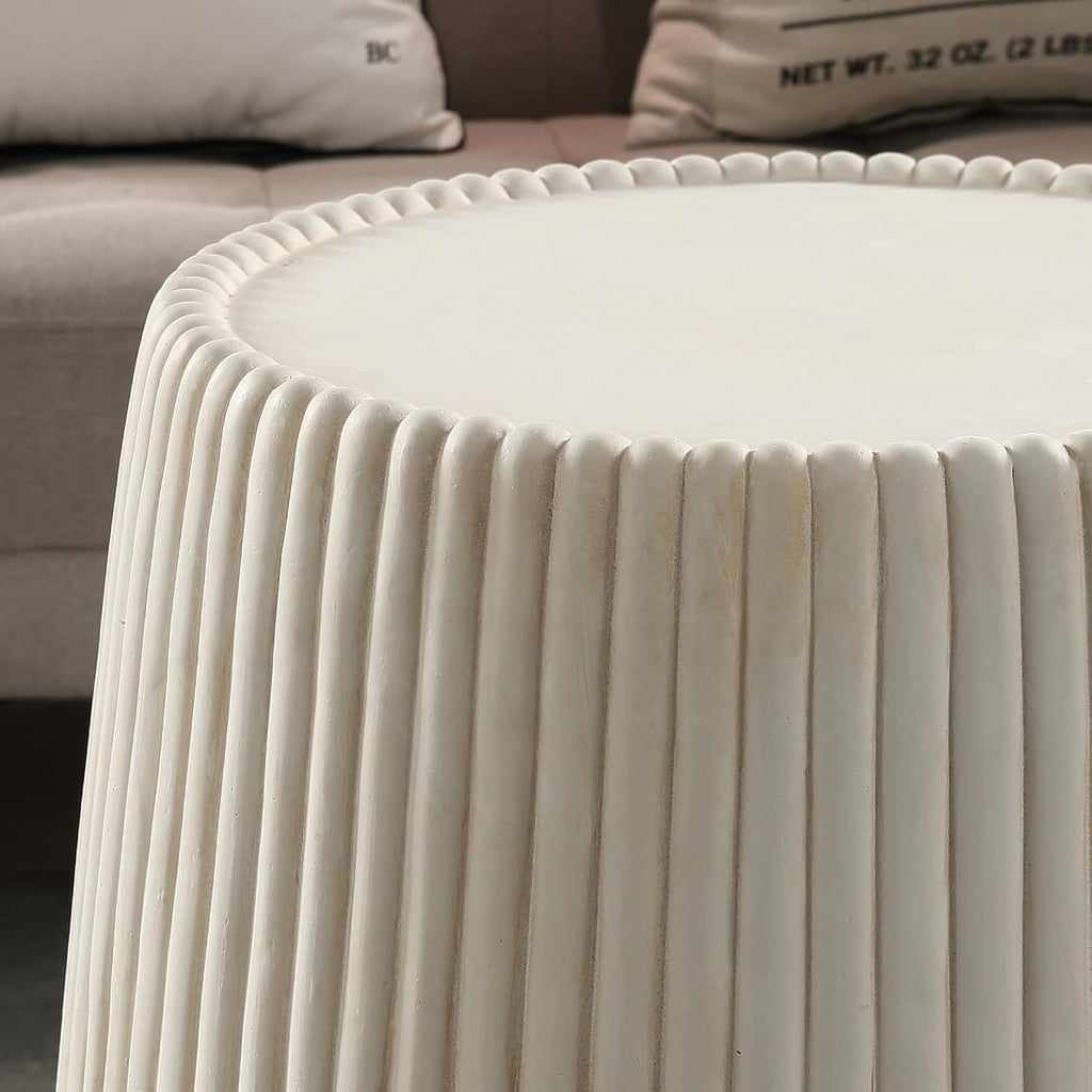 Off-White MGO Round Coffee Table for Indoors and Outdoors, 19.69' Mid-Century Modern Magnesium Oxide Fluted Drum Coffee Table, Circle Cocktail Tea Table for Living Room, No Assemble