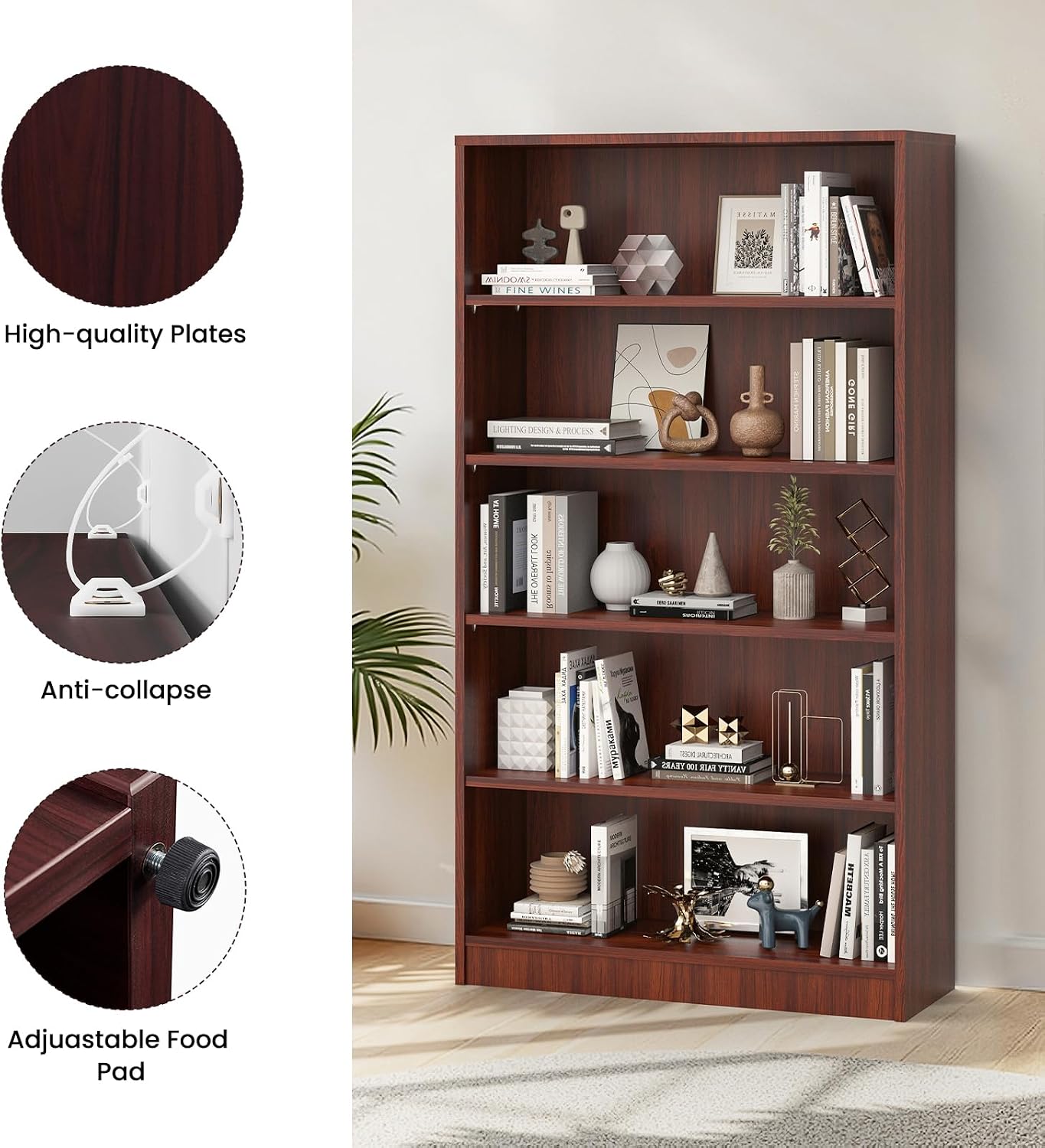 Farini 60 Inch Tall 5-Shelf Bookcase, Wood Bookshelf Storage Organizer Adjustable Shelf for Home Office, Study Room, Easy Assembly,Mahogany