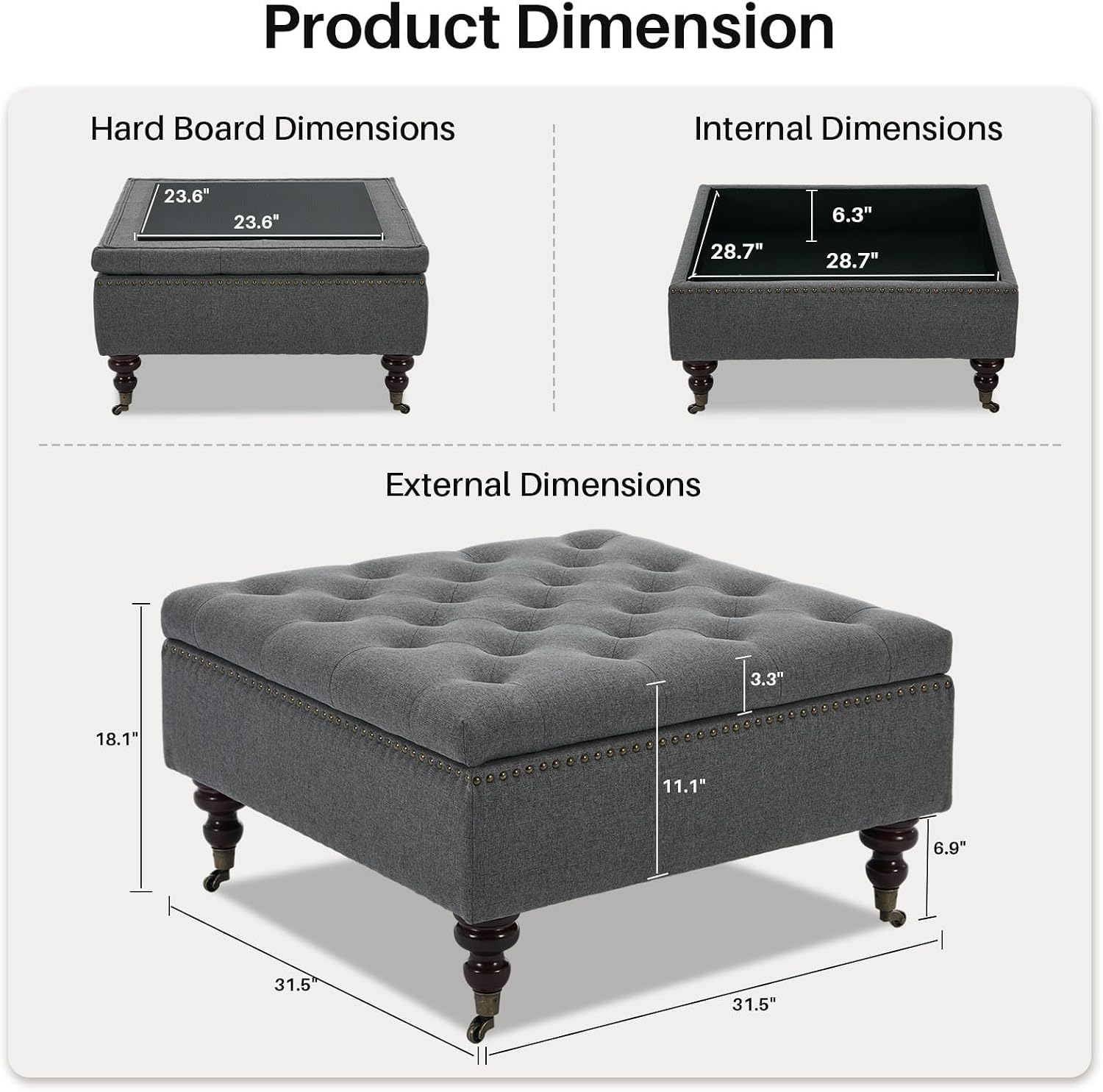 4-in-1 Square Storage Ottoman Bench with Rolling Wheels,Large Ottoman with Storage,Upholstered Coffee Table for Living Room/Bedroom,Dark Gray