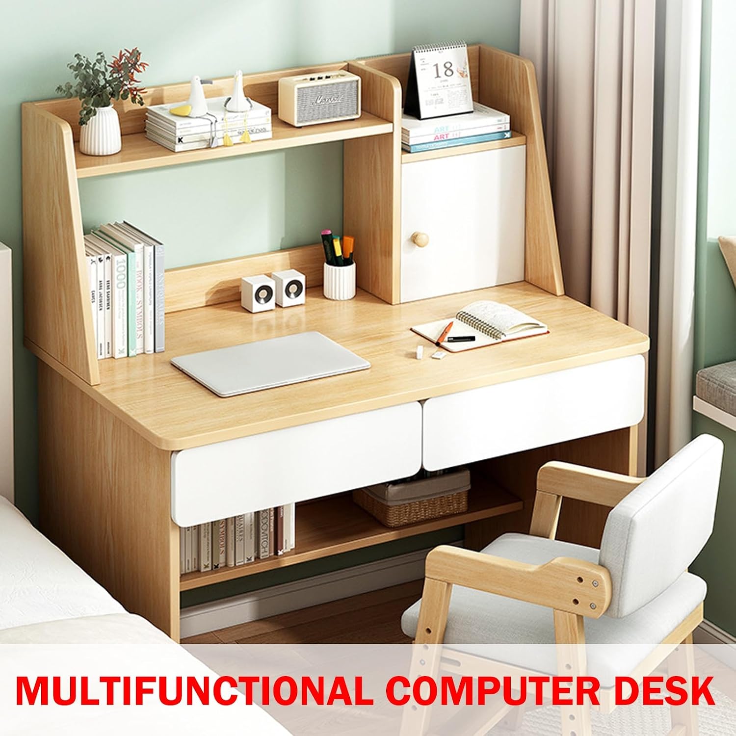 Small Computer Desk with Drawers, Stand Up Desk with Storage Shelves, Work Desk for Home Office for Bedroom, Office, Dormitory (80 * 50 * 100cm)