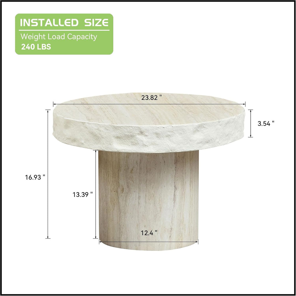 JUSTONE 23.82 Inch Faux Mars Textural Round Coffee Table, No Assembly Required, Beige Accent Table for Living Room & Apartment