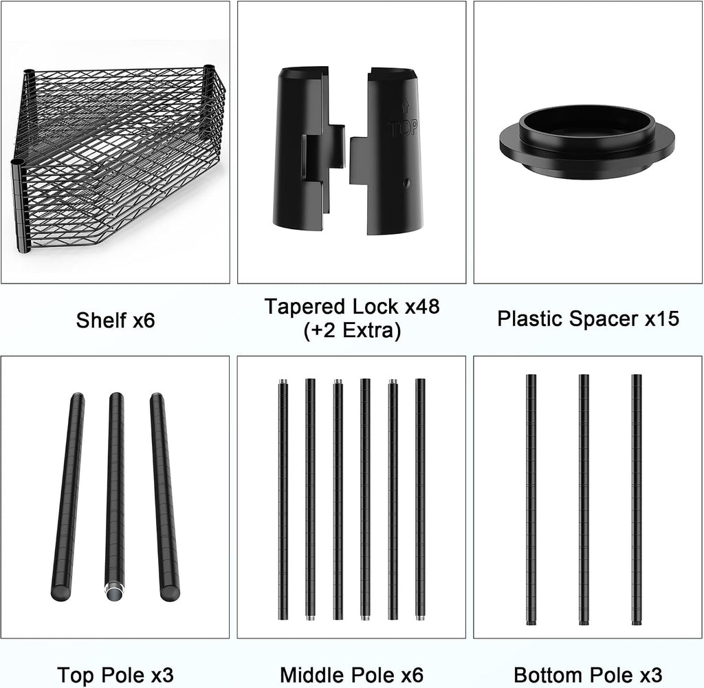 Dolonm 6 Tier Corner Shelf, NSF Wire Shelving Unit, 600 LBS Corner Storage Shelf, 20' D x 20' W x 72' H, Corner Shelves, Heavy Duty Corner Standing Shelves, Height Adjustable Rack, Pentagonal, Black