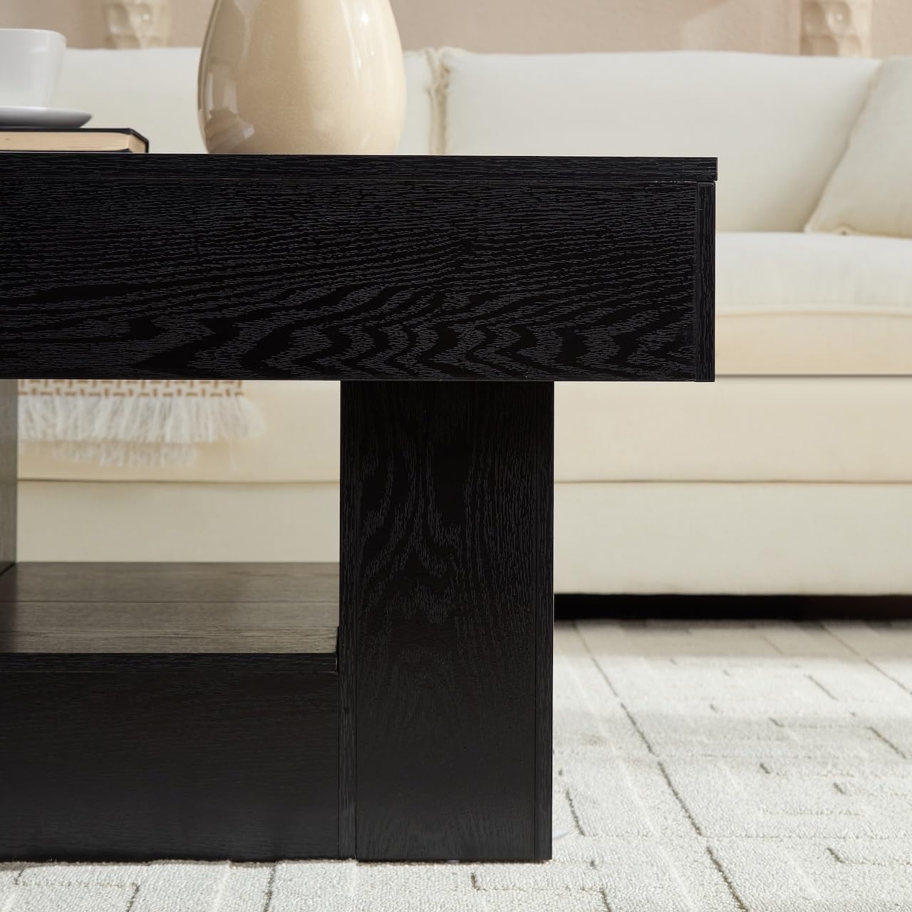 OKYCI Modern Coffee Table for Living Room, Wood Living Room Table with Sturdy Wooden Legs, Easy Assembly, 31.5' W x 31.5' D, Black