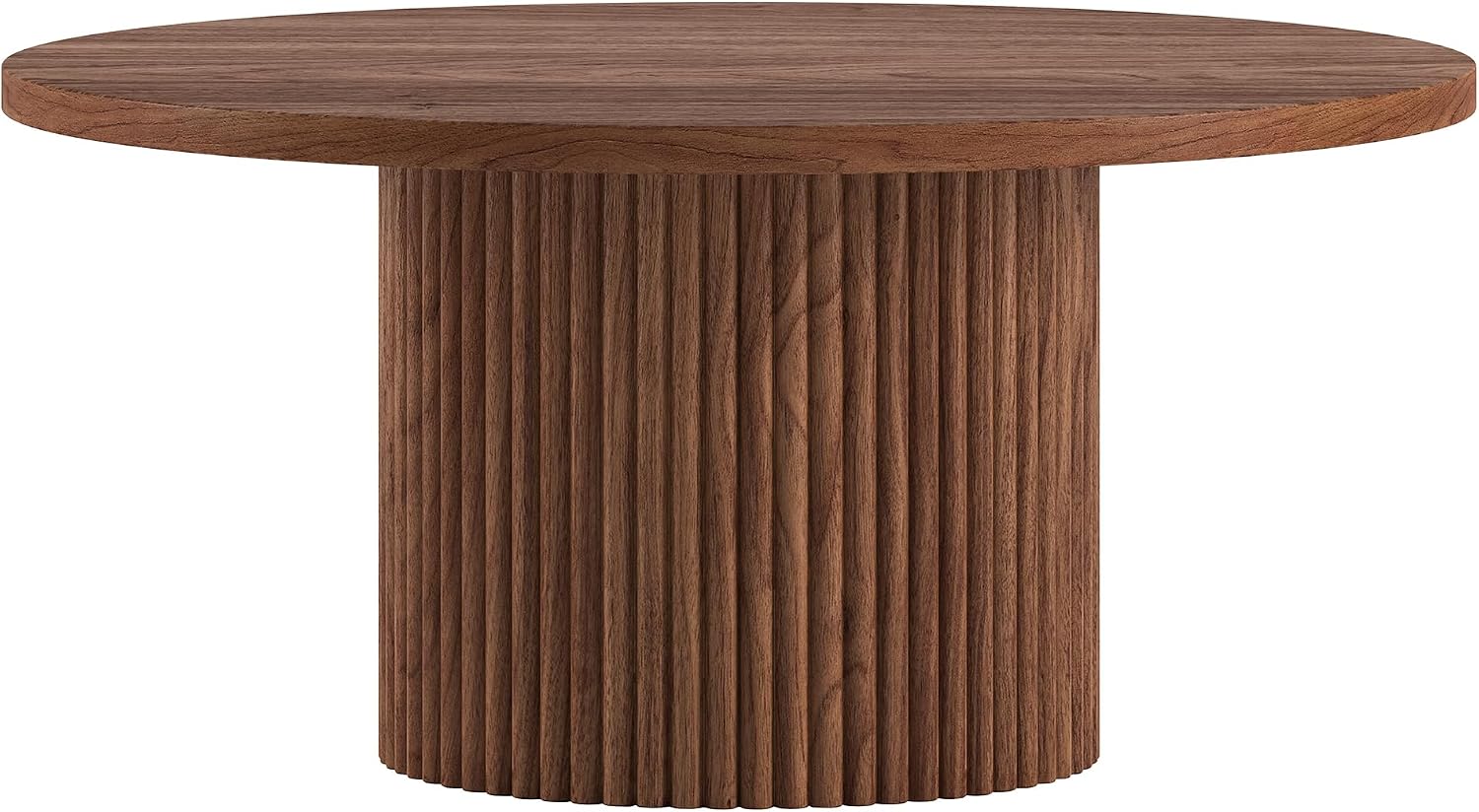Henn&Hart 32' Fluted Round Wooden Pedestal Low-Profile Coffee Table for Living Room, Family Room, Office, or Apartment, Medium Walnut