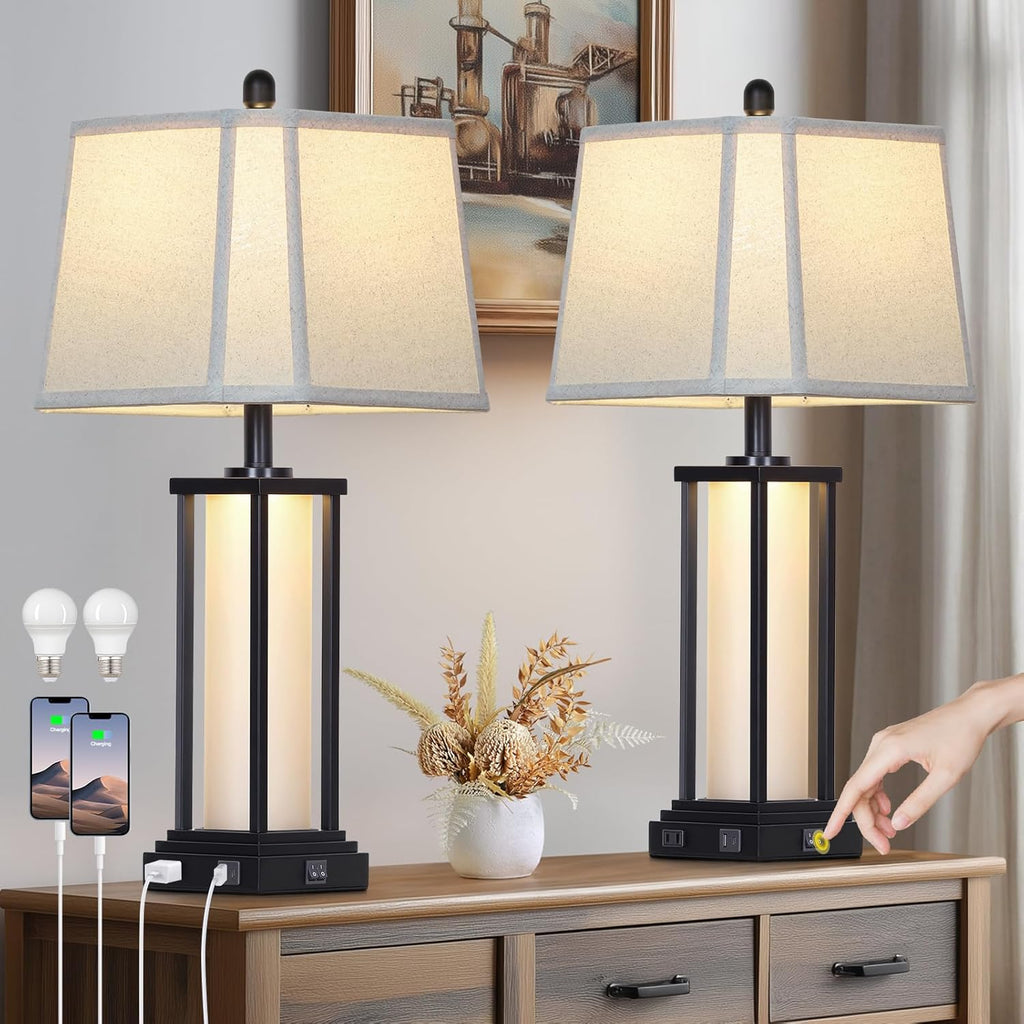 Cinkeda 27' Tall Vintage Table Lamp Set of 2 with USB C+A & Outlet,Black Industrial End Table Lamp for Living Room,Farmhouse Rustic Bedside Lamps with Bell Lampshades for Bedroom Nightstand,Black