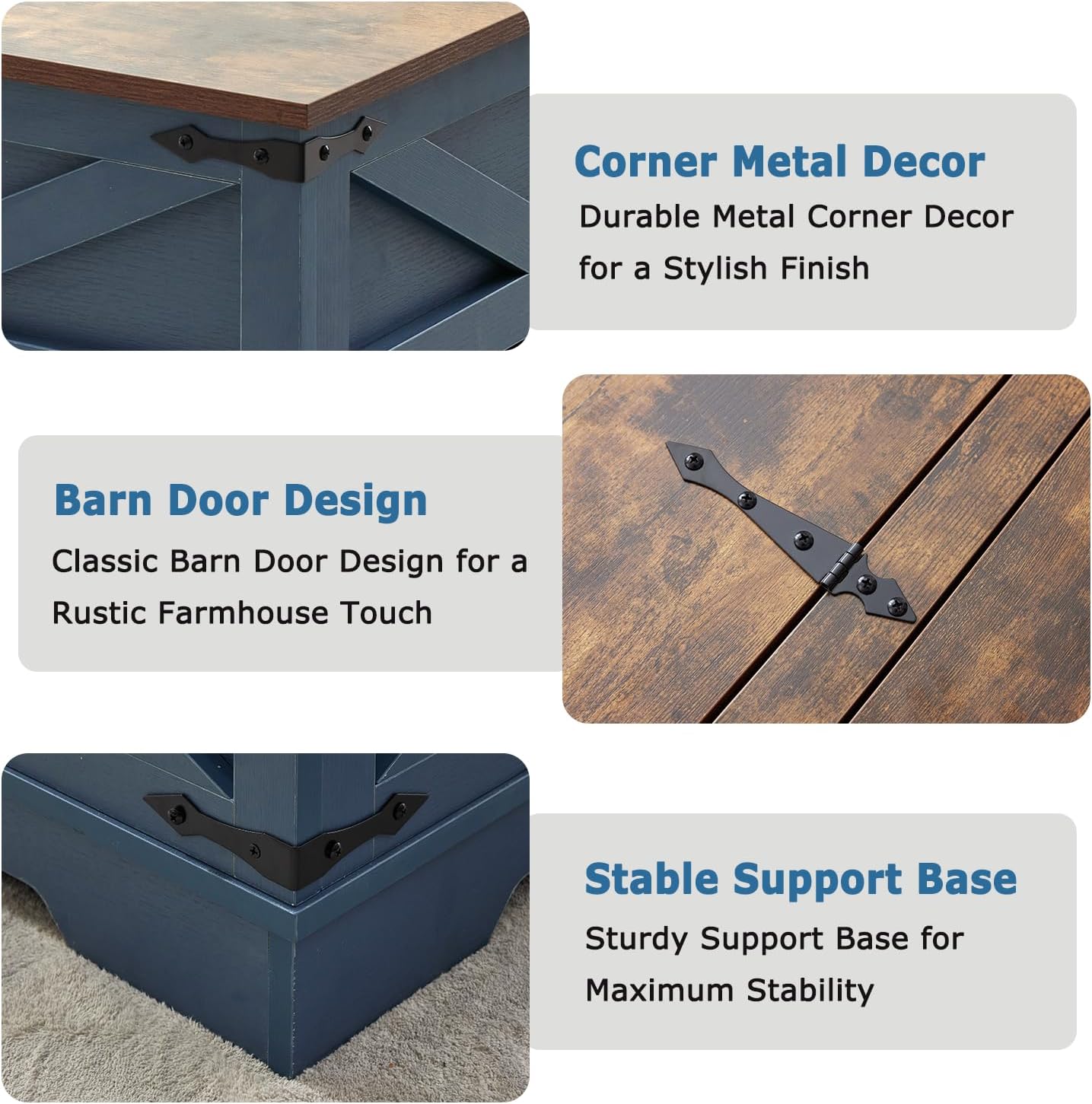 Lift Top Coffee Table, 31.5' Square Coffee Table with Storage, Farmhouse Coffee Tables for Living Room, Cocktail Tables with Large Hidden Compartment, Rustic Blue