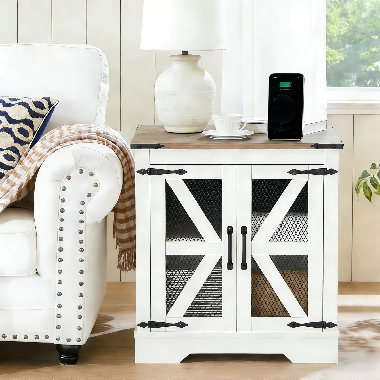 White Farmhouse End Table with Charging Station, 24' Wood Sofa Side Table with Mesh Barn Door, Rustic Nightstand with Hidden Storage for Living Room, Square