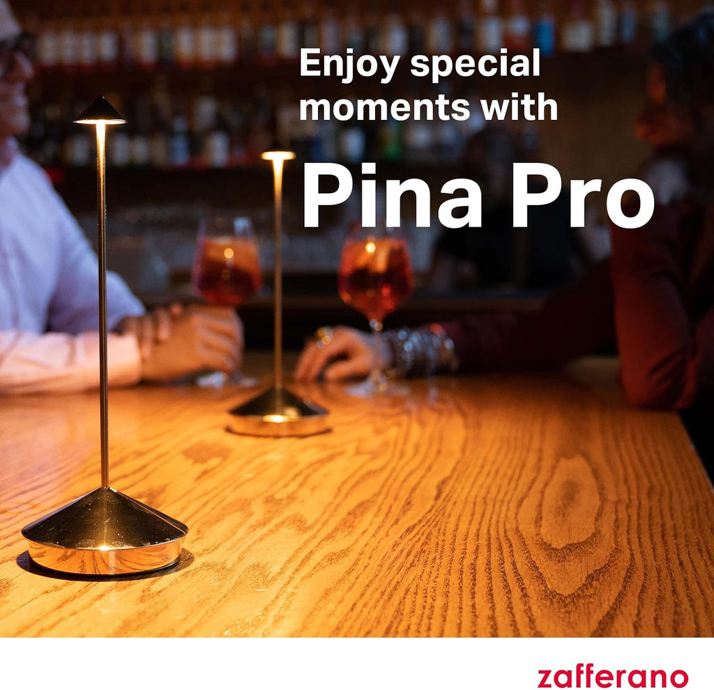 Zafferano, Pina Pro Lamp with Glossy Gold Finish, Rechargeable Cordless Table Lamp with Touch Controls, Usable as an Indoor Lamp, Dimmer, 2200-3000 K, Height 11.4 Inches