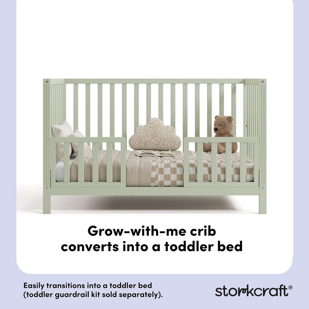 Storkcraft Morningside 5-in-1 Convertible Crib – GREENGUARD Gold Certified, Fits Standard Crib Mattress, Converts to Toddler Bed, Daybed and Full Bed, 4 Adjustable Mattress Heights (Sage)