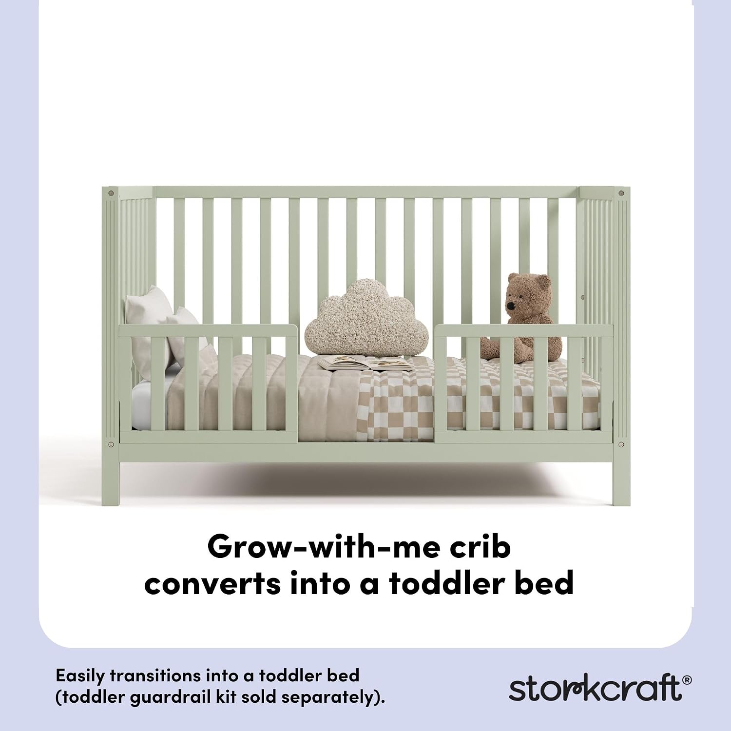 Storkcraft Morningside 5-in-1 Convertible Crib – GREENGUARD Gold Certified, Fits Standard Crib Mattress, Converts to Toddler Bed, Daybed and Full Bed, 4 Adjustable Mattress Heights (Sage)