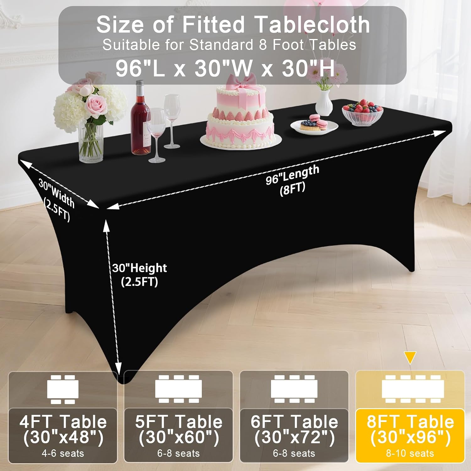 Smiry 10 Pack Spandex Table Cloth 8FT, Elastic Fitted Stretch Tablecloths, Washable and Wrinkle Free Rectangular Patio Table Cover for Outdoor, Wedding, Banquet & Parties (Black, 96Lx30Wx30H Inch)