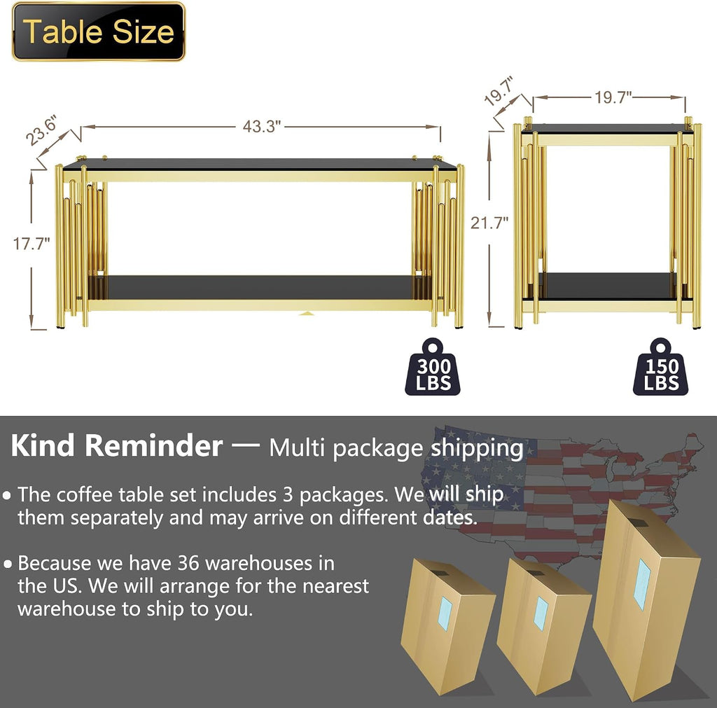 Glass Coffee Table Set of 3, End Table Modern Living Room Table Rectangle Clear Tempered Glass Stainless Steel Leg, Square Side Table for Home Furniture Set (Black, 43' Set of 3)