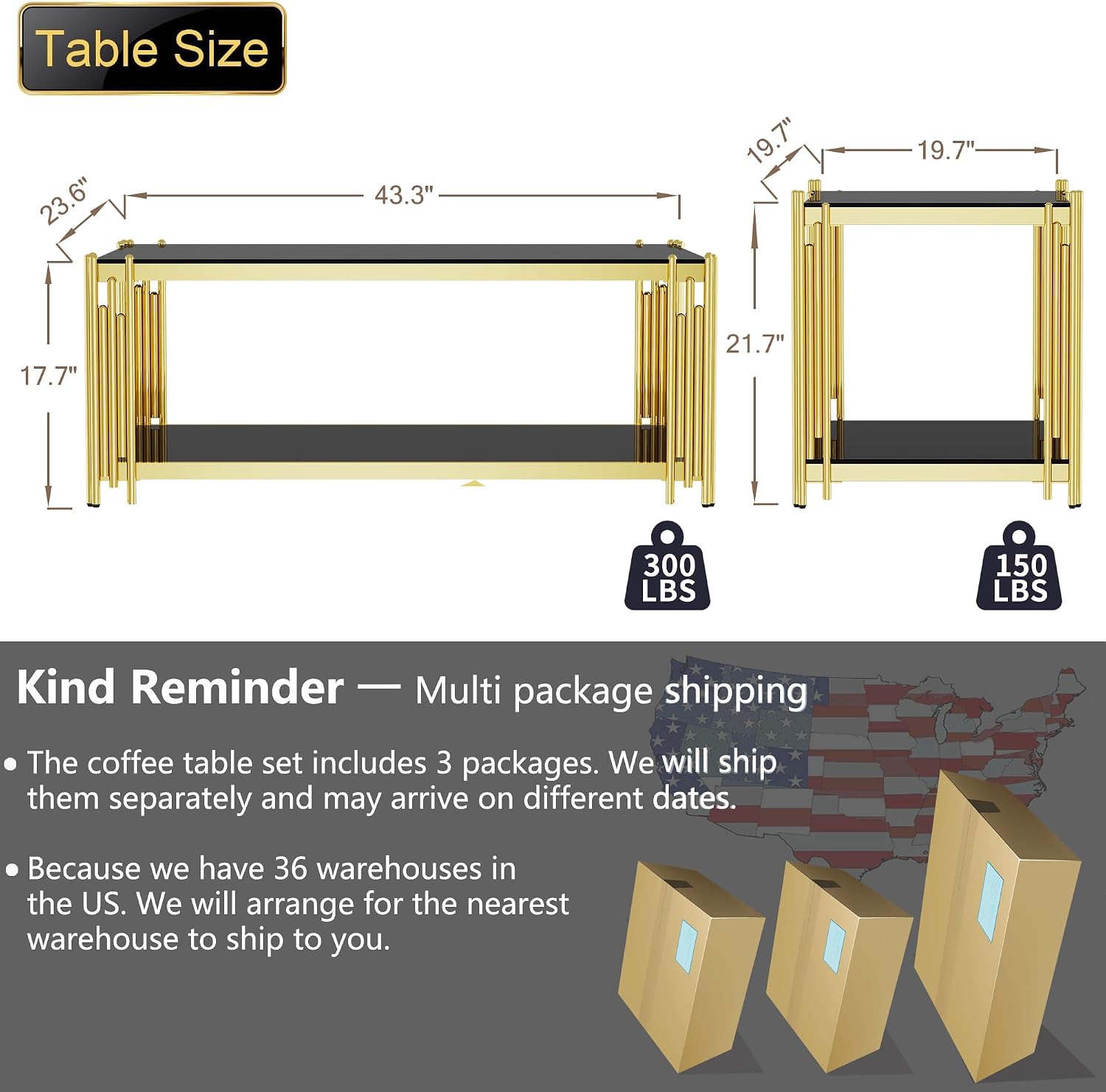 Glass Coffee Table Set of 3, End Table Modern Living Room Table Rectangle Clear Tempered Glass Stainless Steel Leg, Square Side Table for Home Furniture Set (Black, 43' Set of 3)