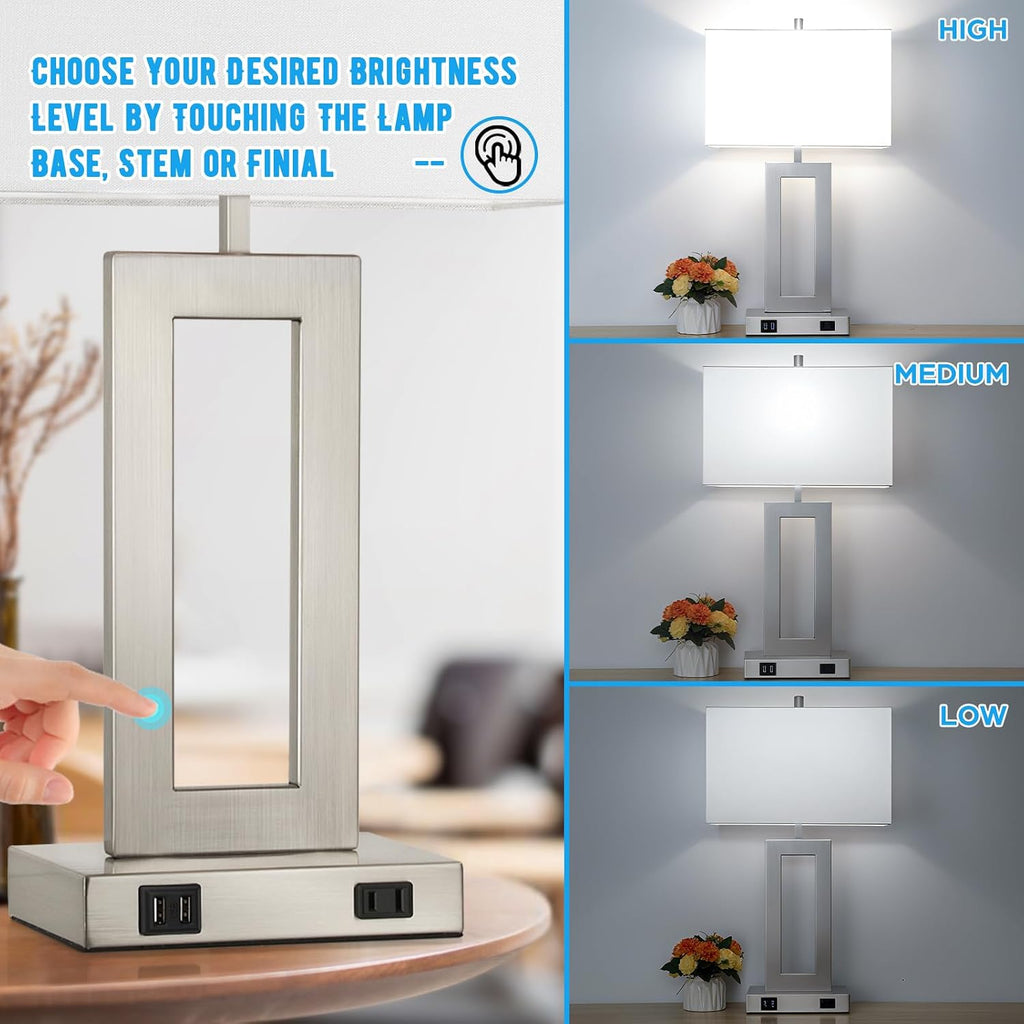 TOBUSA Modern Silver Table Lamps Set of 2, 28inch Tall Lamps for Living Room Bedroom with 2 USB Ports&AC Outlet, 3 Way Dimmable Touch Control Desk Lamps for Reading Home Office, 2 Bulbs Included
