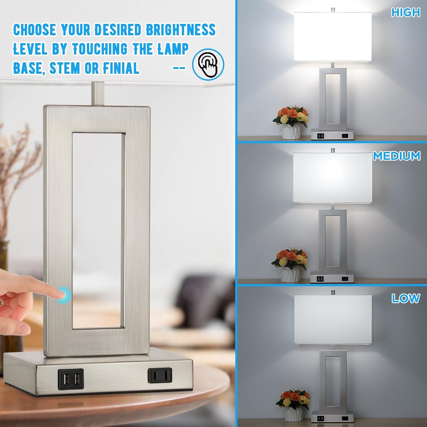 TOBUSA Modern Silver Table Lamps Set of 2, 28inch Tall Lamps for Living Room Bedroom with 2 USB Ports&AC Outlet, 3 Way Dimmable Touch Control Desk Lamps for Reading Home Office, 2 Bulbs Included